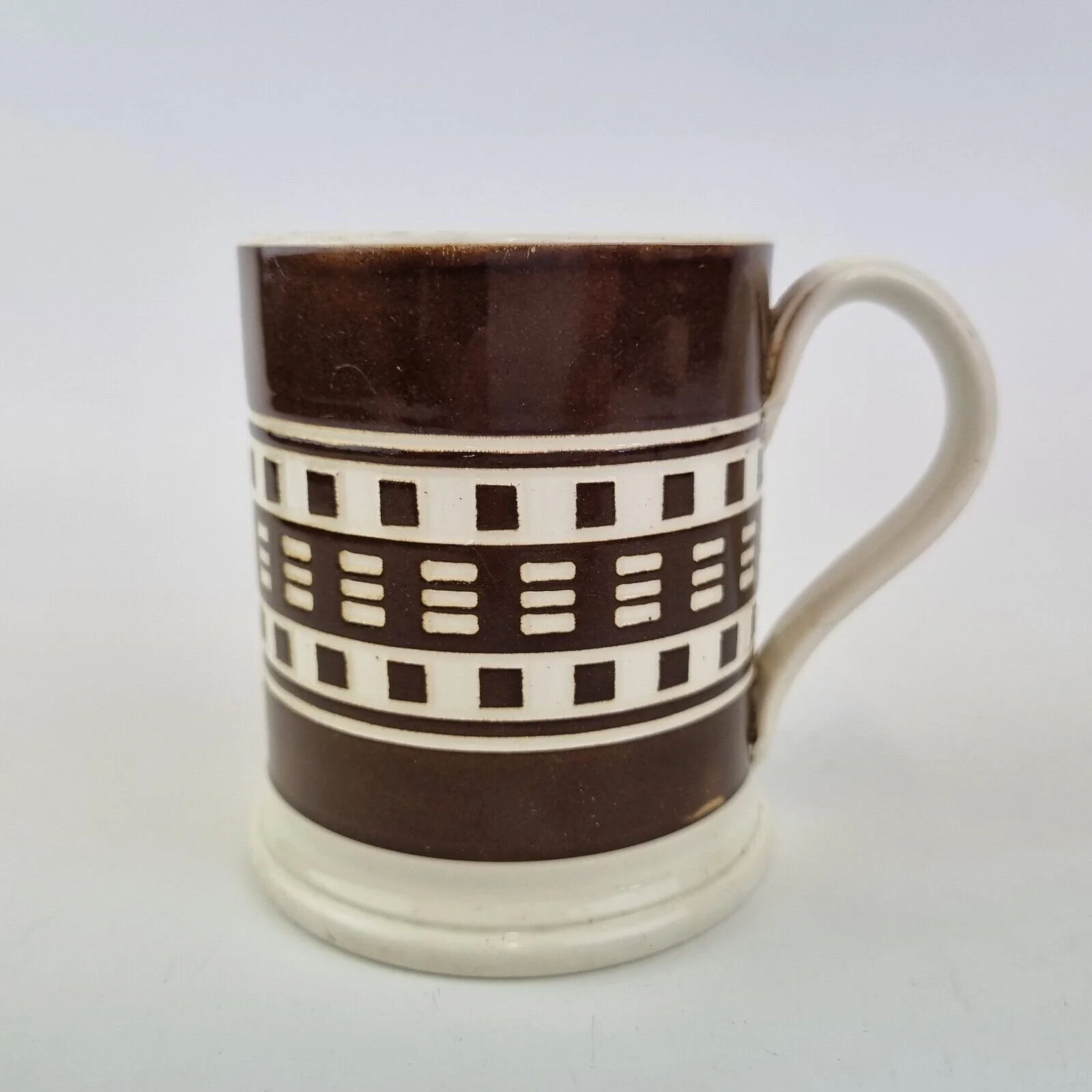 Antique 19th Century Mocha Ware Brown And White Mug 9.5cm High