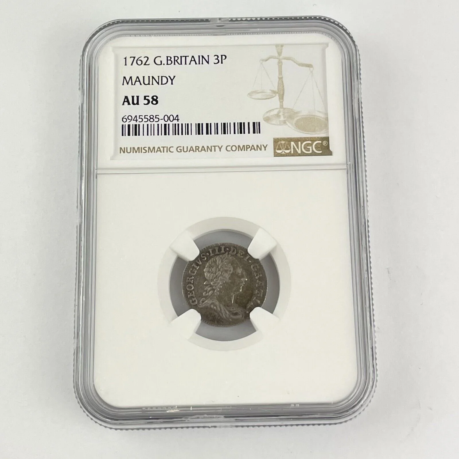NGC Graded Great Britain 1762 George III Maundy Threepence 3p AU 58 AU58
