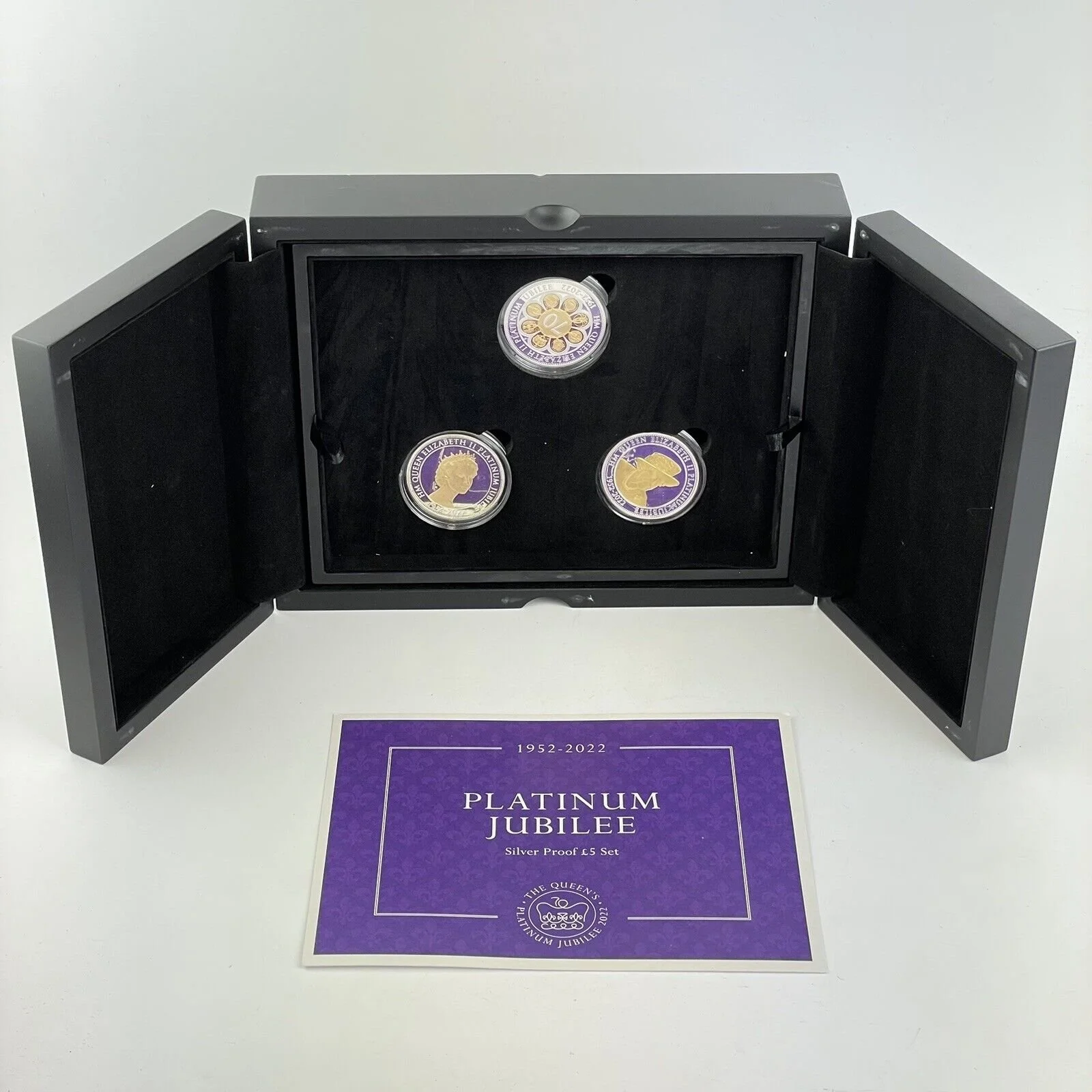 1952 - 2022 Platinum Jubilee Silver Proof £5 3 Coin Set Boxed & COA