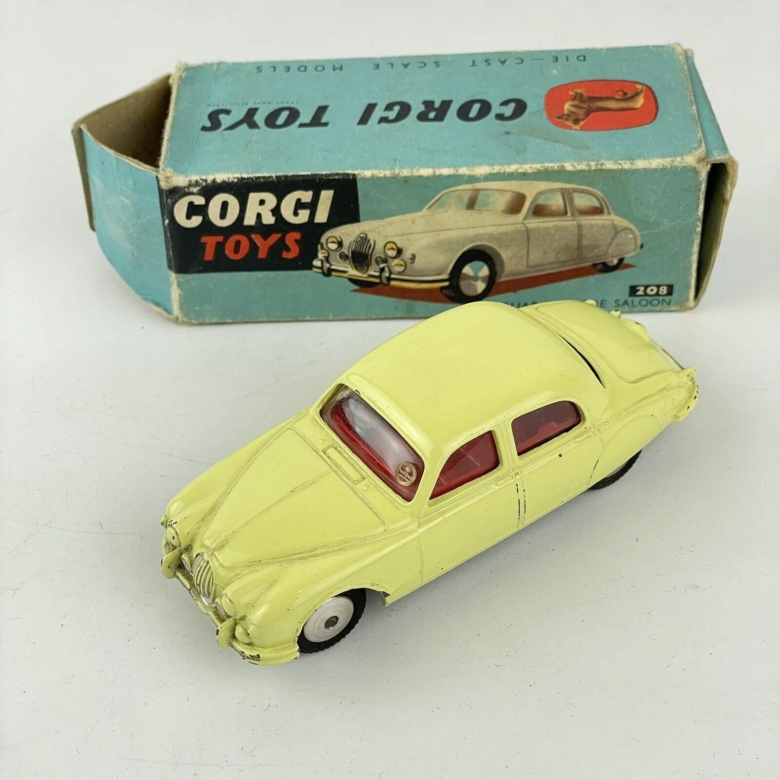 Vintage Boxed Corgi Toys No. 208 Jaguar 2.4 Litre Saloon Cream Wheeler Antiques