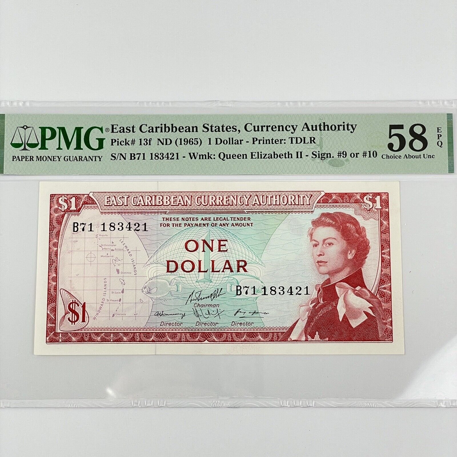 PMG Graded East Caribbean States 1965 $1 1 Dollar Note 58 EPQ Choice About Unc