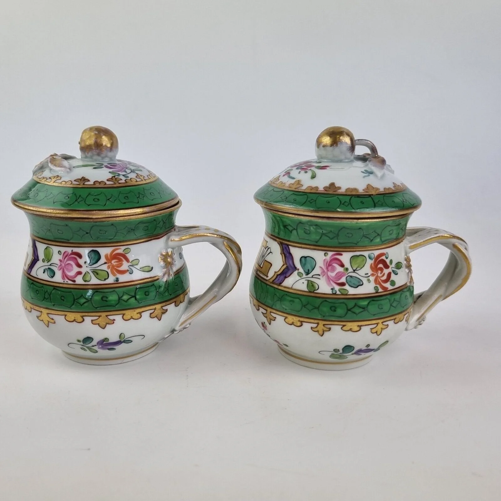 Antique Pair 19thC Custard Pots And Covers Painted With Flowers