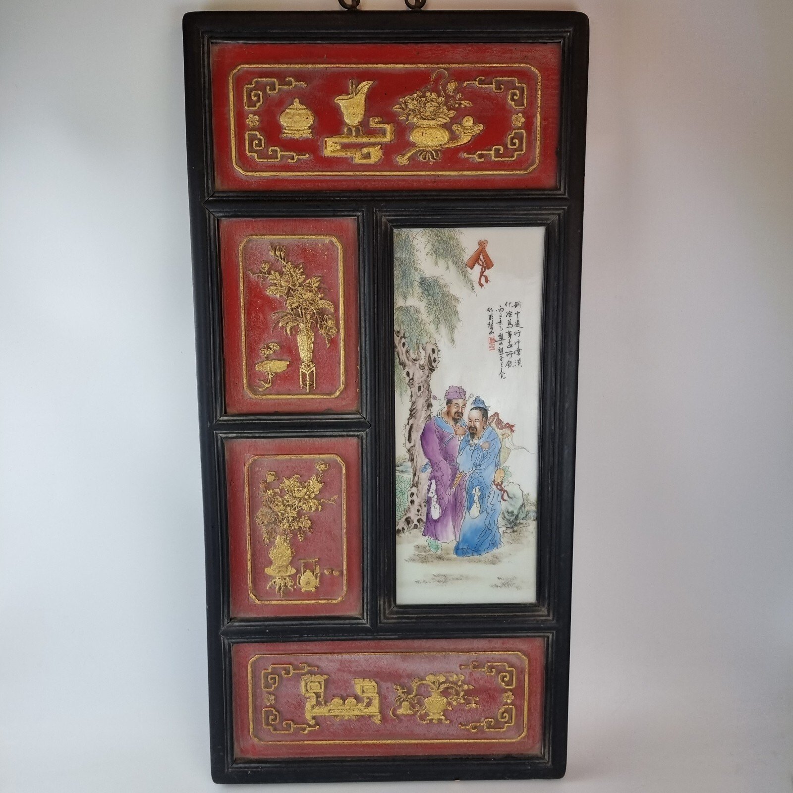 Chinese Famille Rose Plaque Figures & Calligraphy In Carved Gilded Wooden Frame#