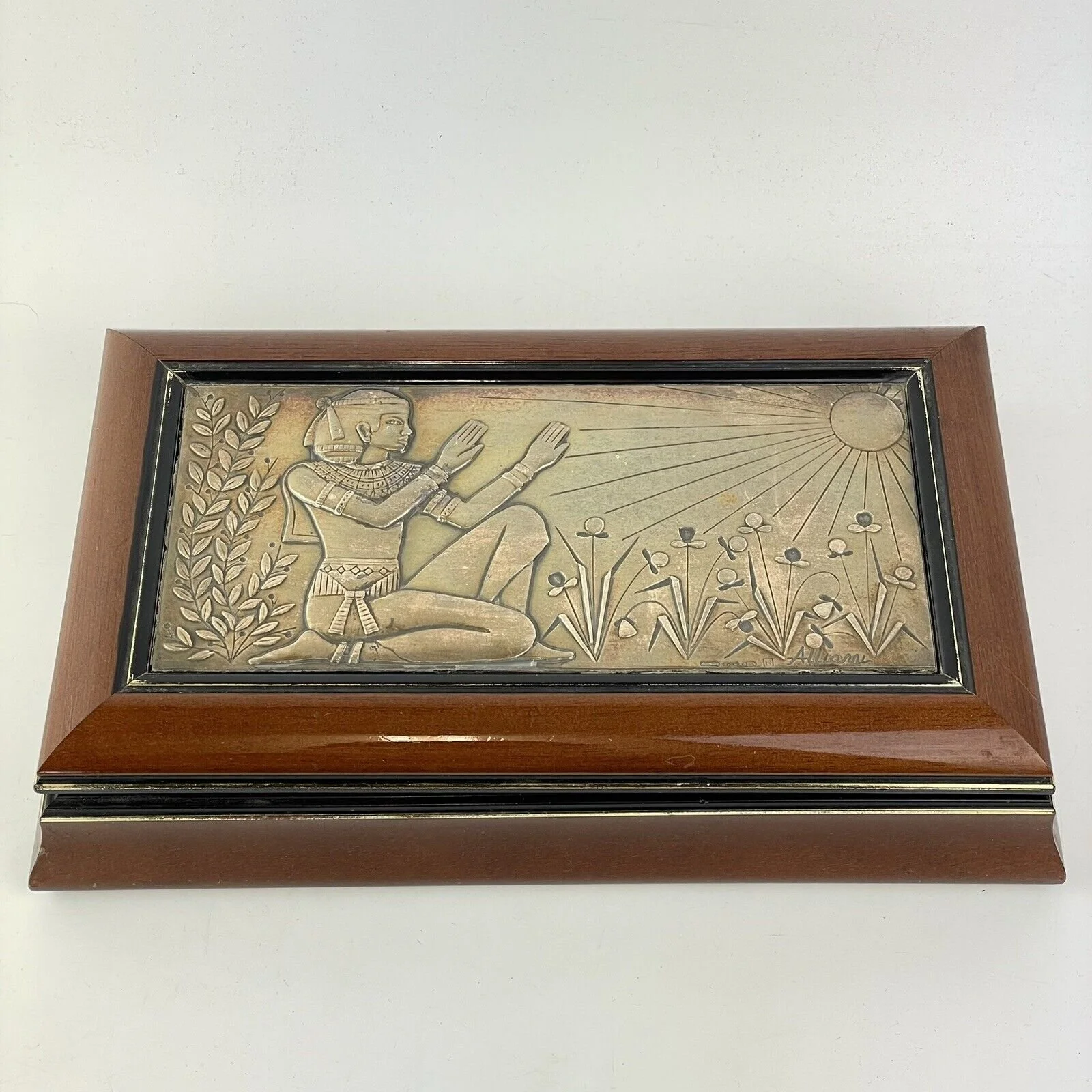 Egyptian Solid Silver Mounted Wooden Box Hatshepsut Kneeling Before Sun 25cm