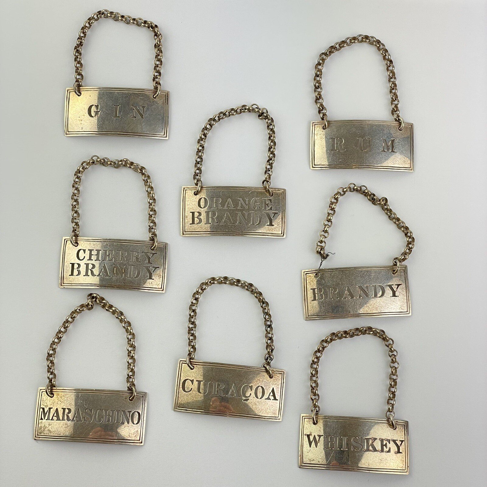 Unusual Set Of 8 Antique Solid Silver Decanter Labels William Summers 1873 4.2cm