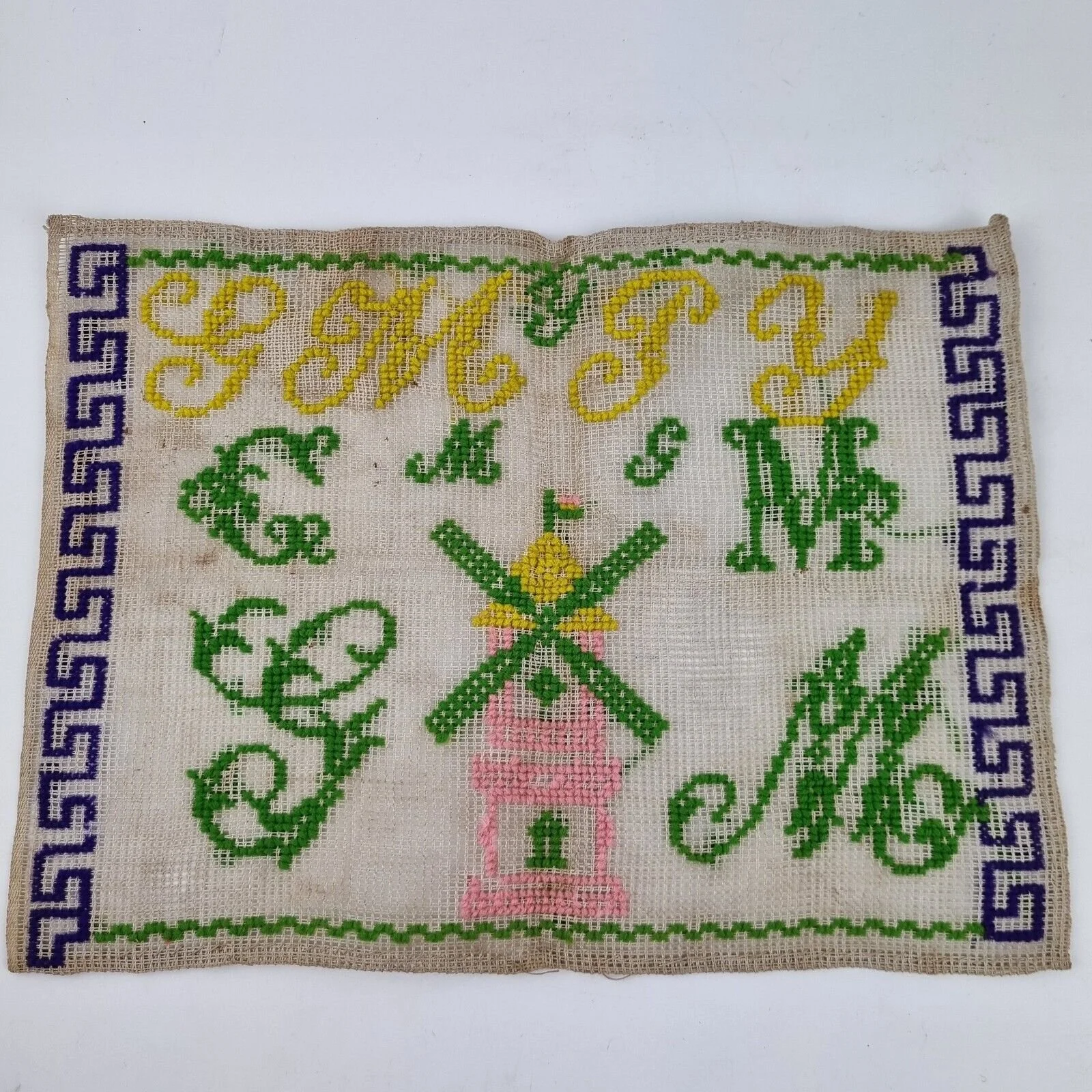 Antique 19th Century? Needlework Sampler With Initials And Windmill