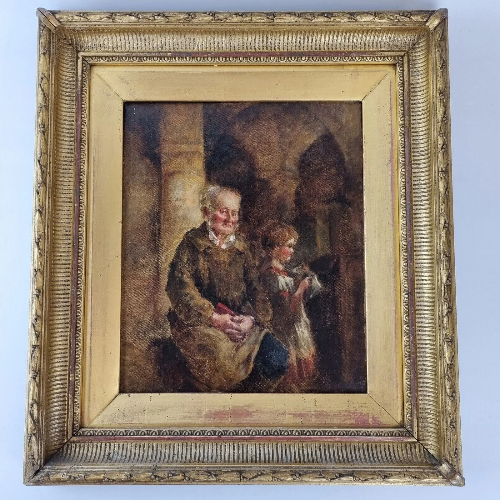 Antique 19th Century Oil On Canvas Study Old Man And Child
