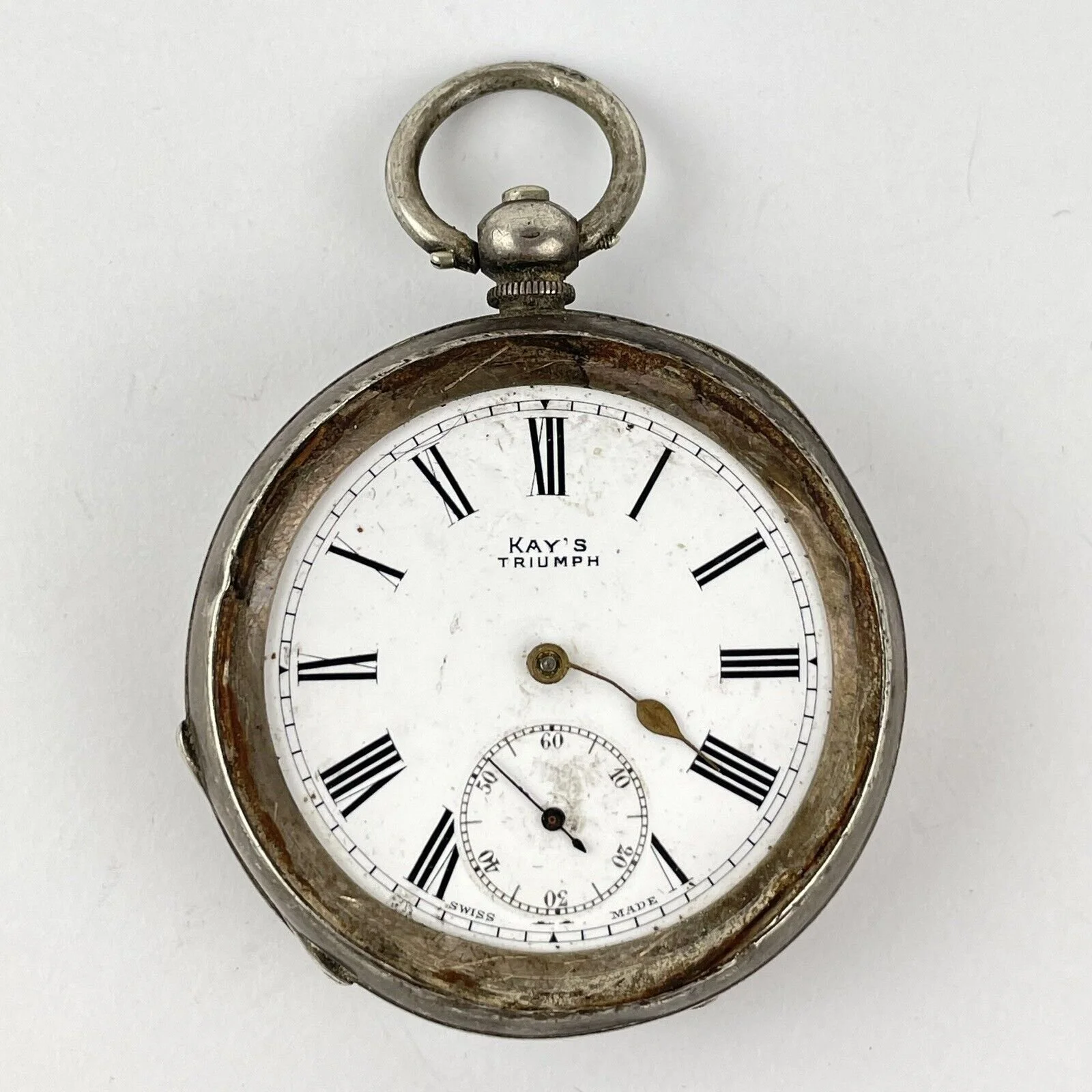 Antique Solid Silver Cased Kay’s Triumph Pocket Watch A/F 5cm Case Diameter