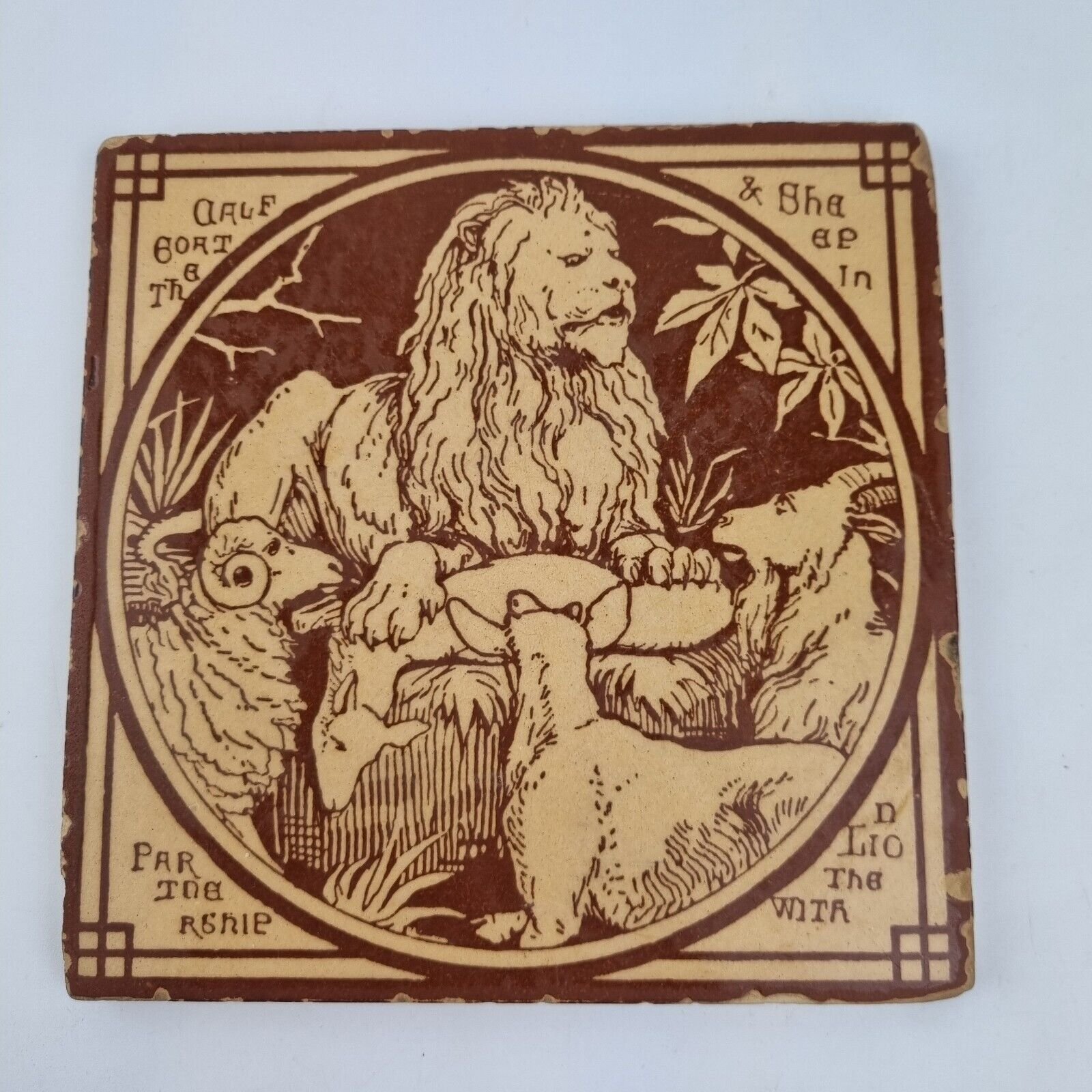 Antique Minton Ceramic Tile Aesops Fable Lion