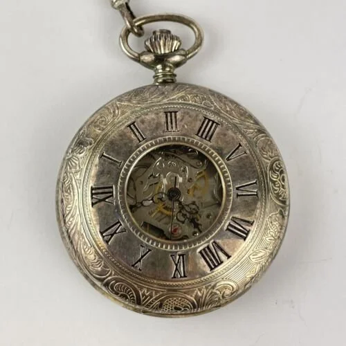 Solid Sterling Silver Jean Pierre Switzerland Half Hunter Skeleton Pocket Watch