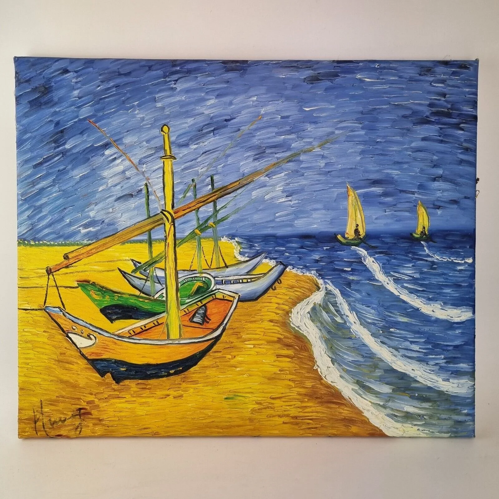 20th Century Oil On Canvas Seascape With Boats Indistinctly Signed
