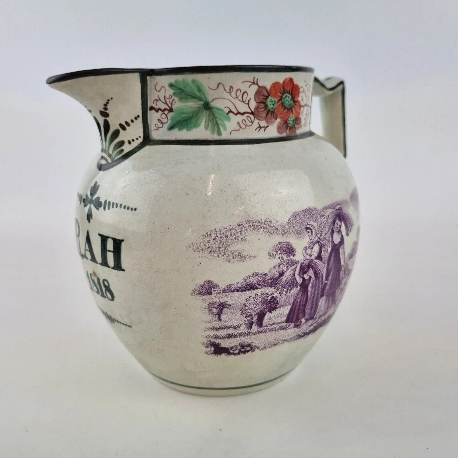 Antique 19th Century Pearlware Jug Dated 1818 Decorated Farming Scenes