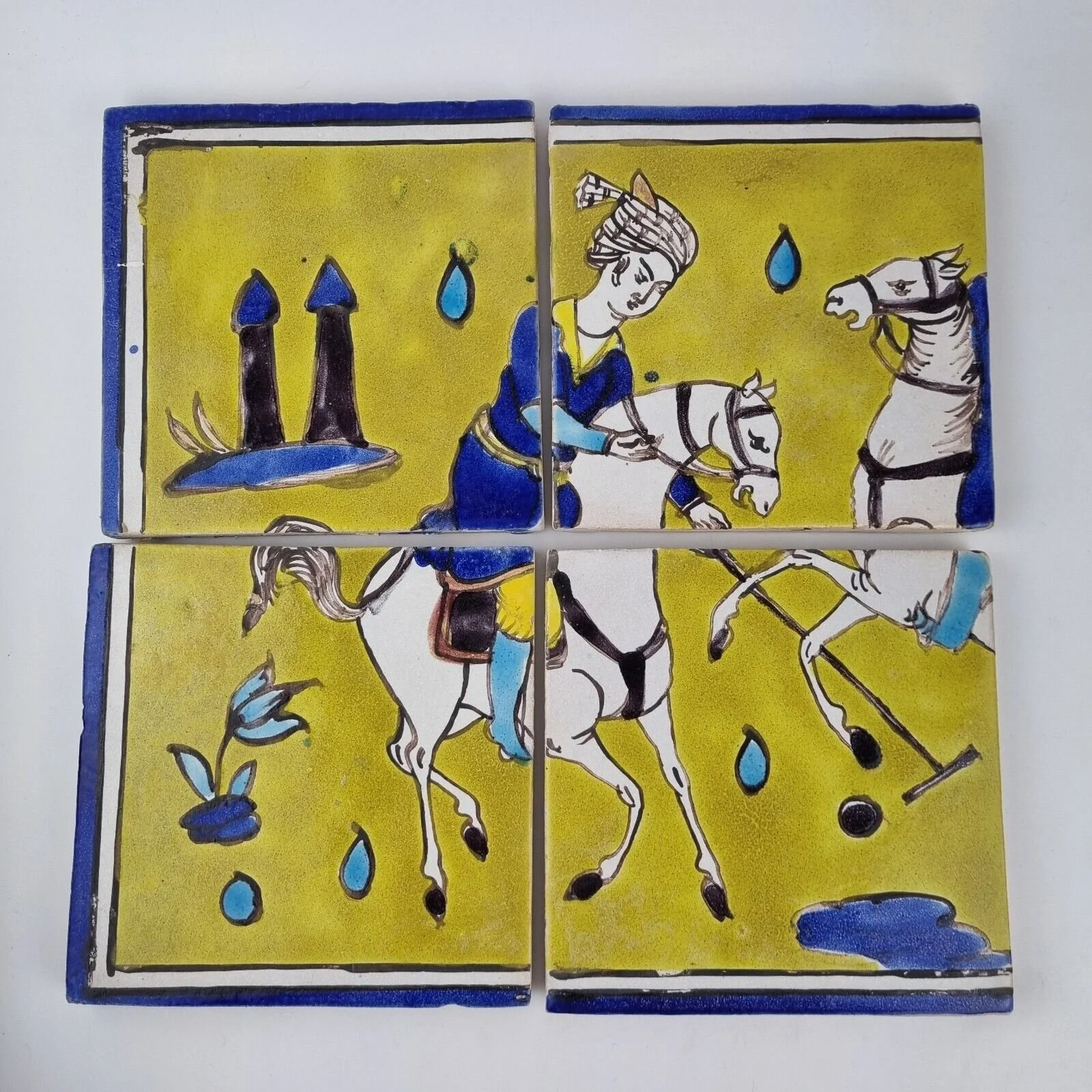 Vintage Set Of 4 Middle Eastern Style Tiles Men On Horses Playing Polo