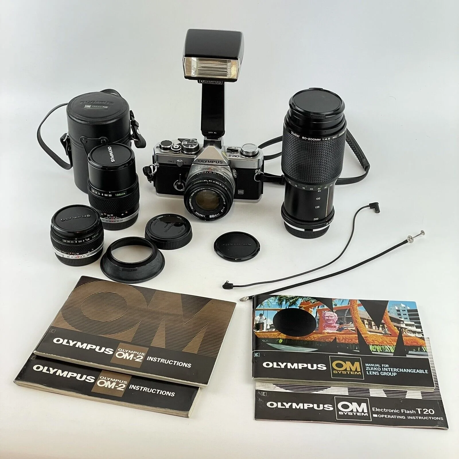 Olympus OM-2  Film Camera With Zuiko 50mm, 28mm & 135mm Lenses Flash & Vivitar 200mm ,Wheeler Antiques