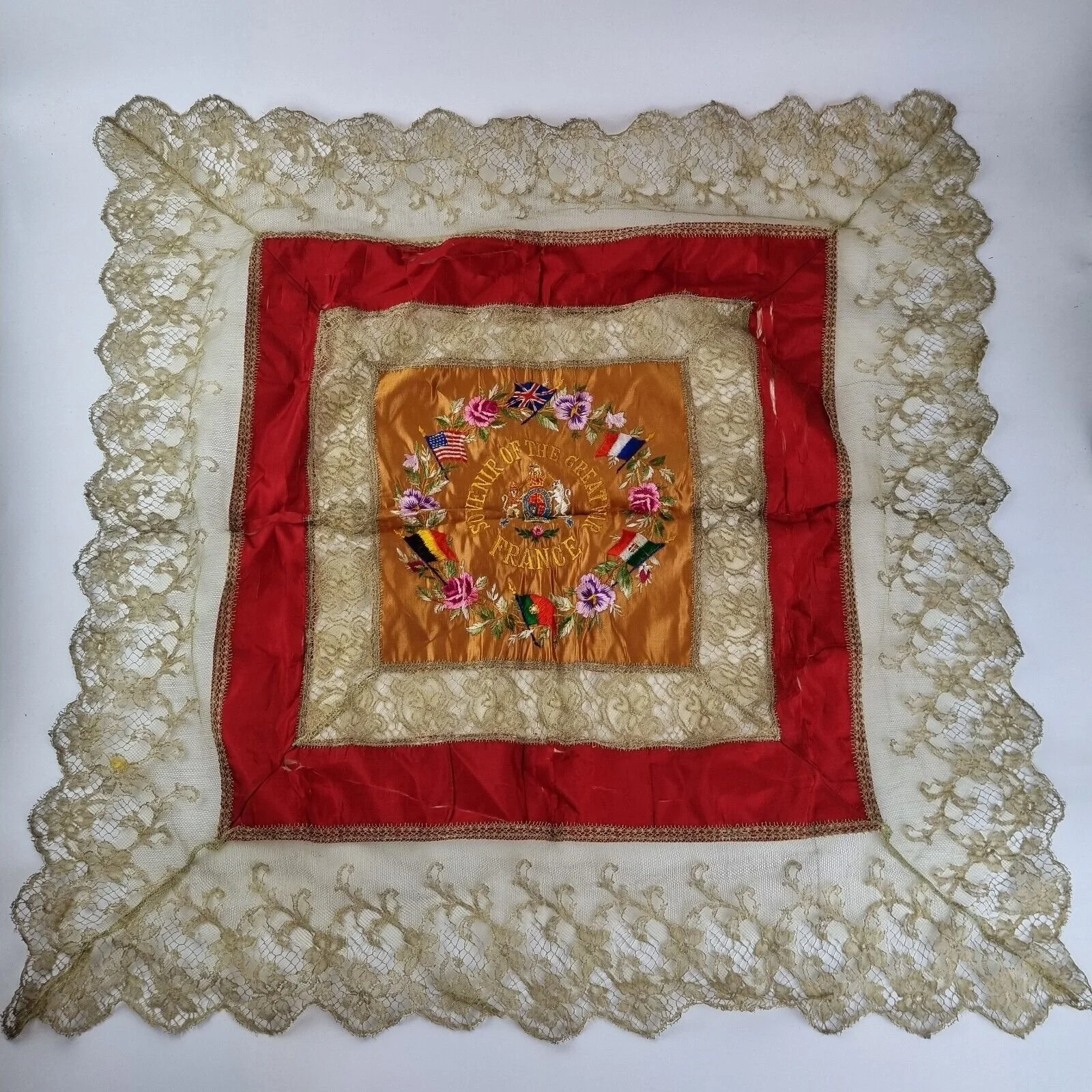 WW1 Silk Embroidery "Souvenir Of The Great War, France" Flags & Flowers 75cm