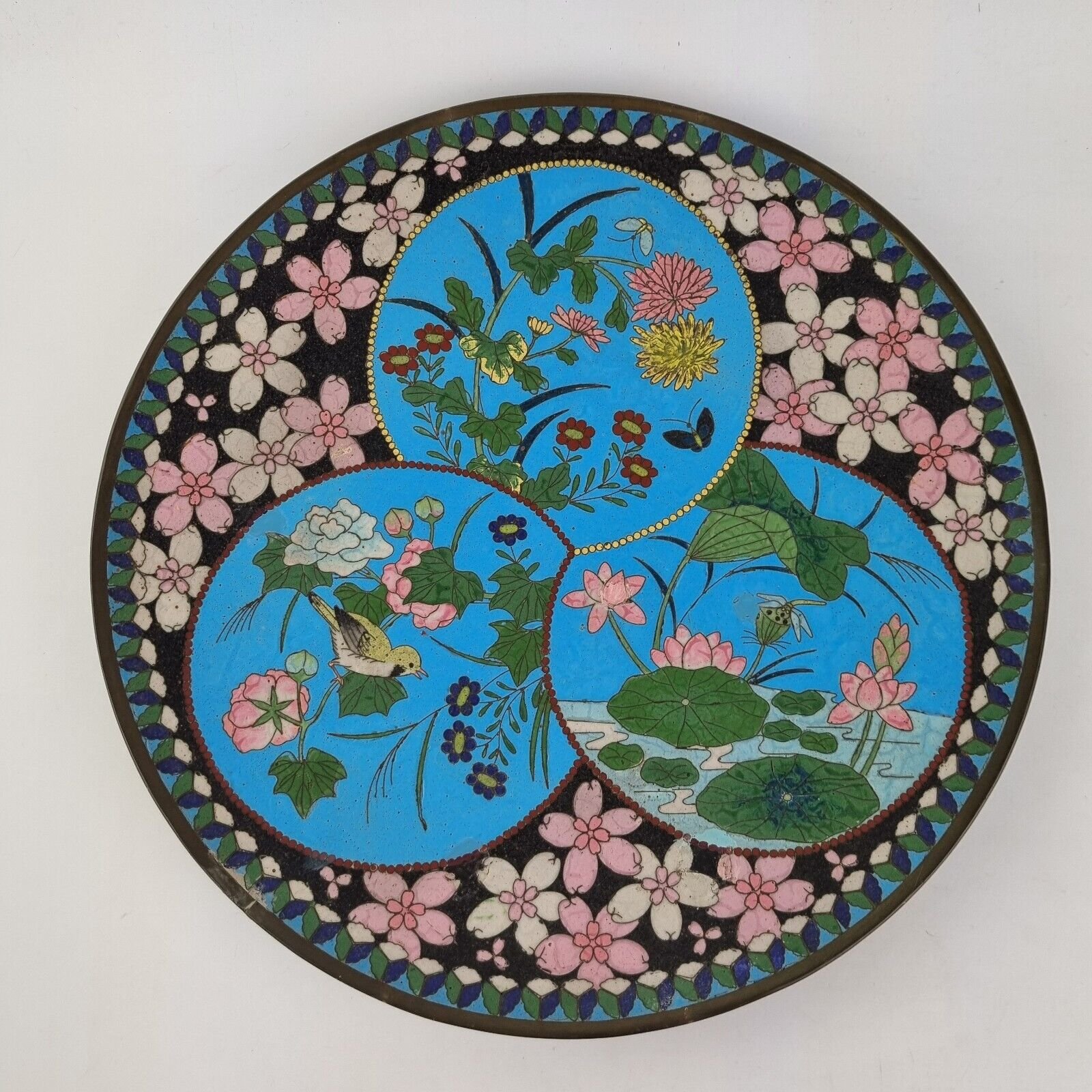 Vintage Chinese Cloisonne Enamel Charger 30cm Decorated Flowers, Bird Etc. A/F