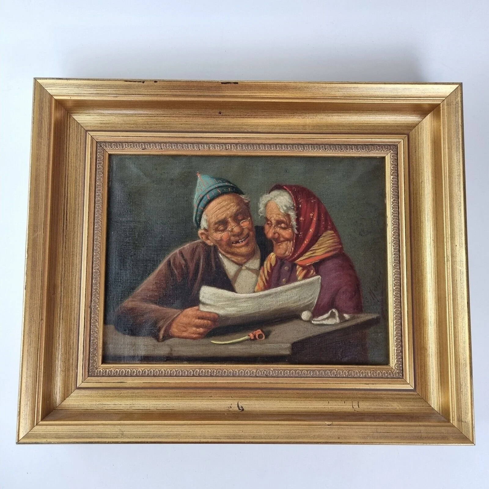 Antique 19thC Oil On Canvas Portrait Elderly Couple Reading Indistinctly Signed