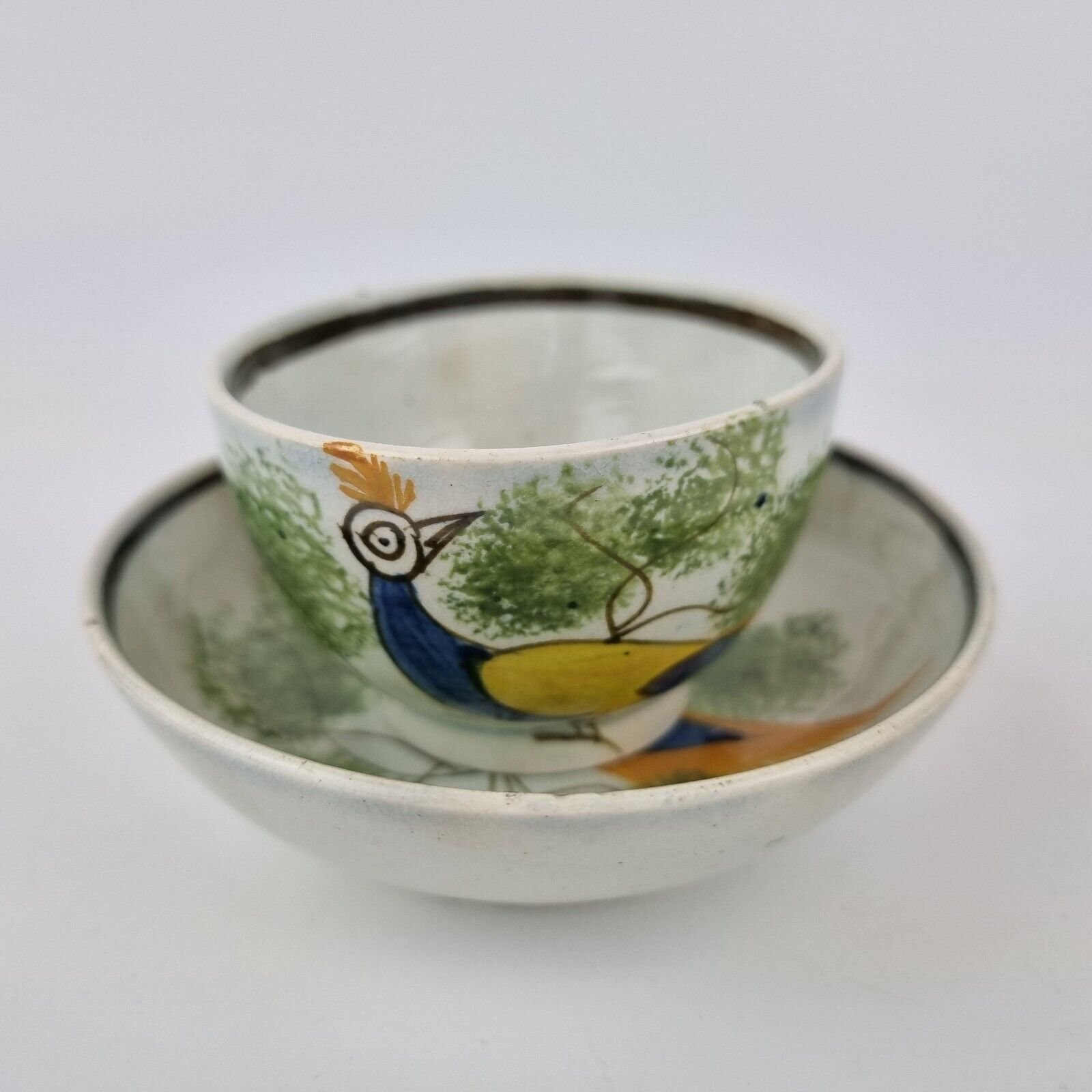 Antique 19th Century Spongeware Small Tea Bowl And Saucer Decorated Peacocks