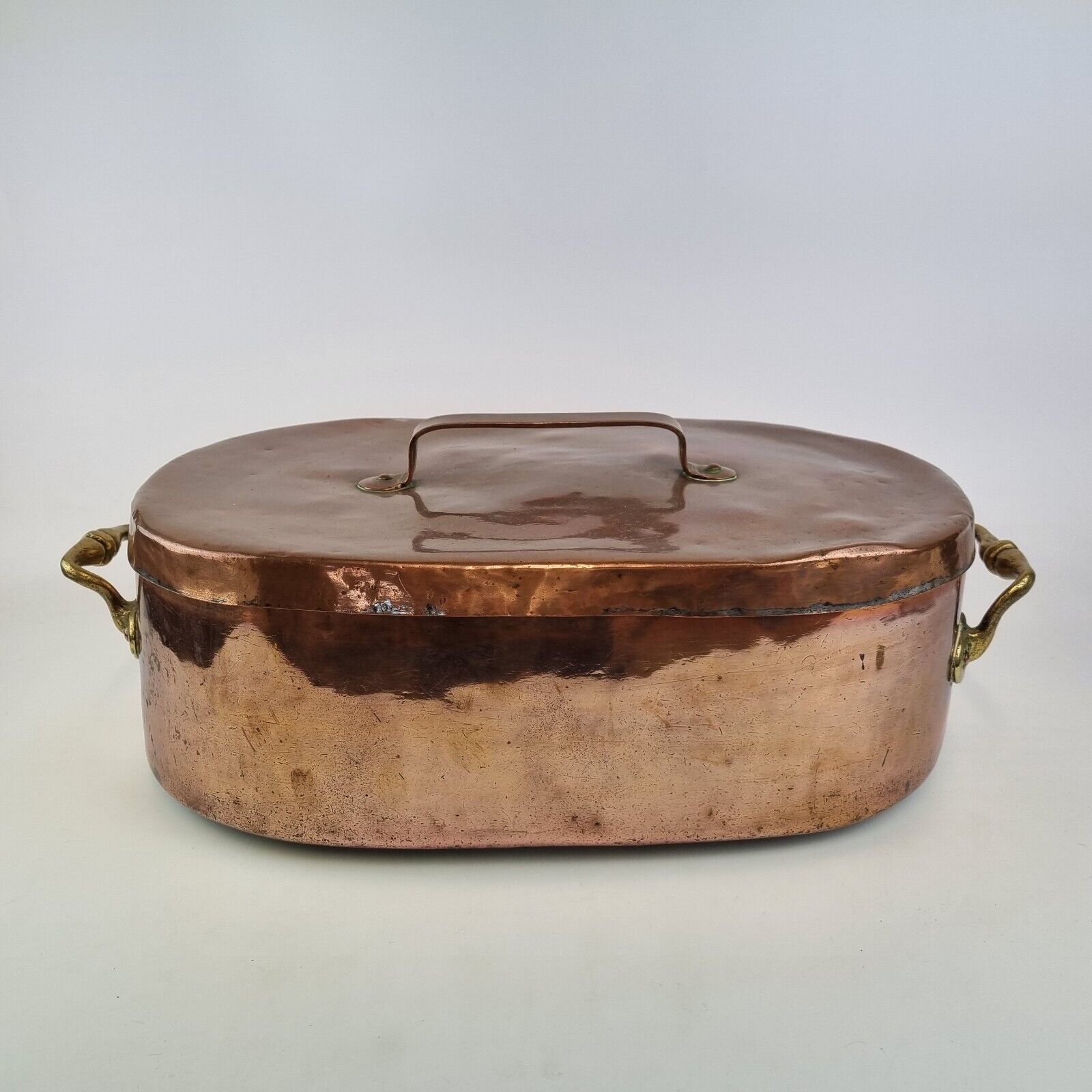 Antique 19th Century Copper Fish Kettle Saucepan Brass Handles 51cm