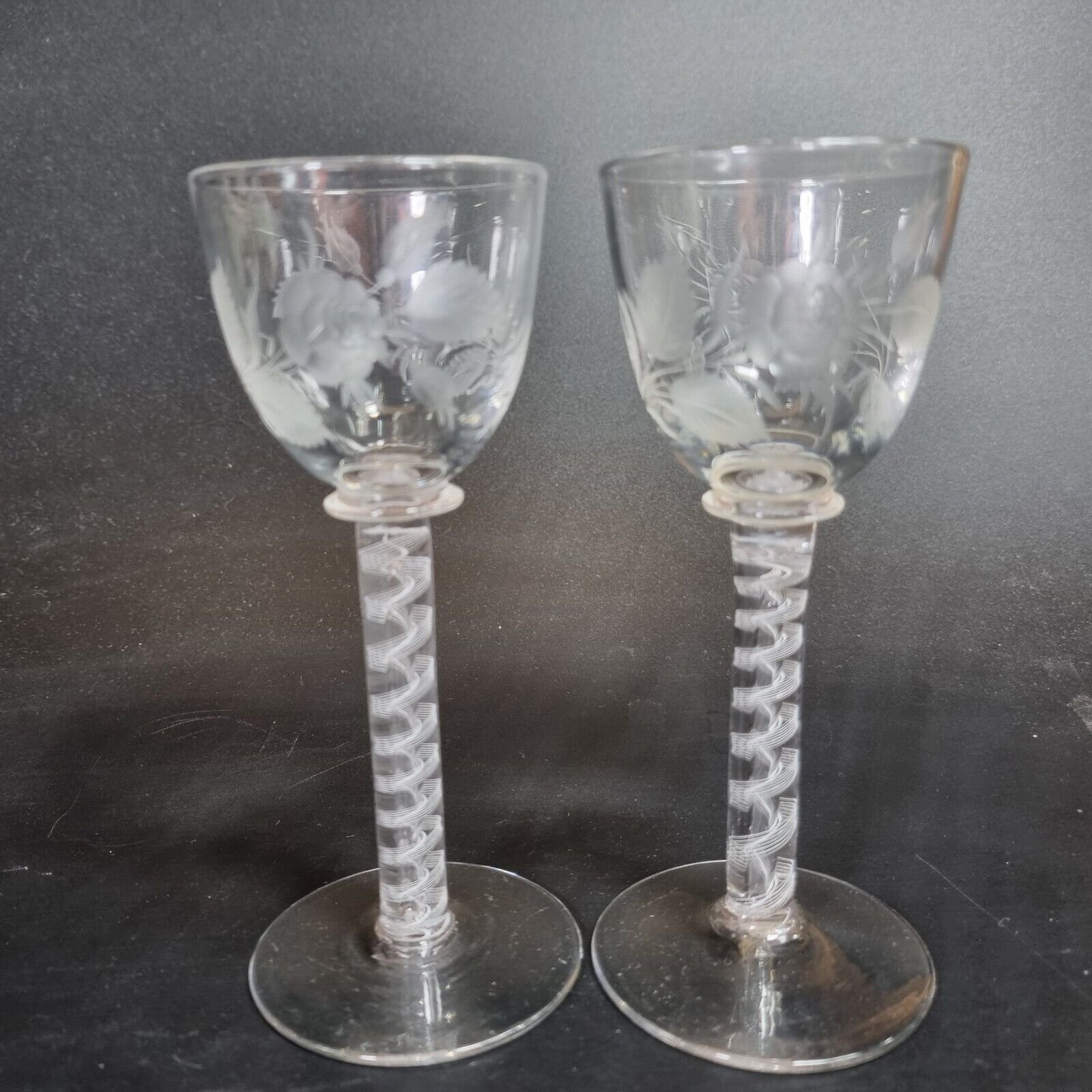 20thC Pair Wine Glasses Opaque Twist Stems Engraved Rose Flower Bowls 13.5cm