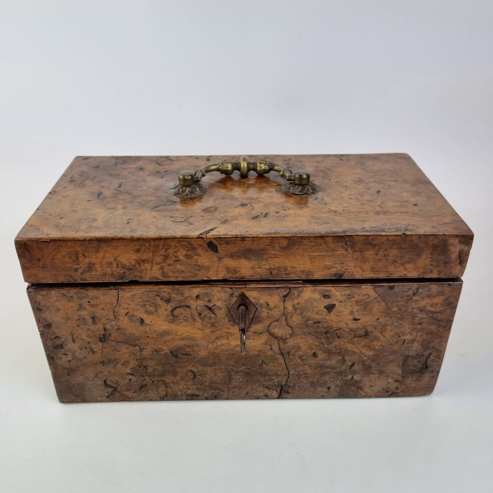 Antique 19th Century Burr Walnut Tea Caddy With Bronze Handle 30.3cm Wide