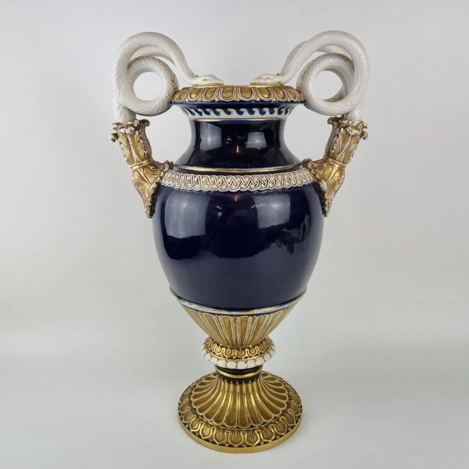 Antique 19th Century Meissen Vase With Twin Serpent Snake Handles Cobalt 39cm