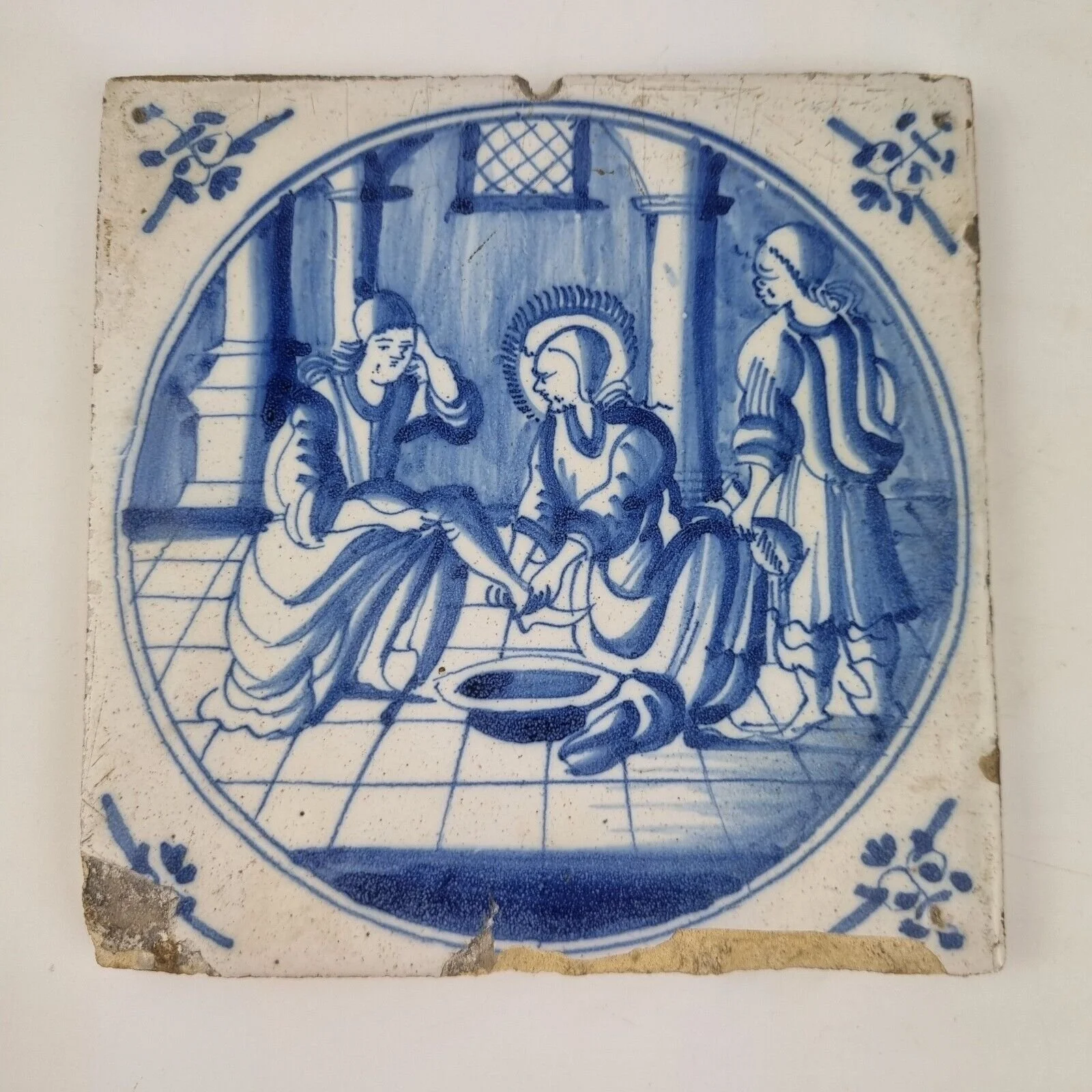 Antique 18th Century Delft Blue And White Tile Decorated Figural Group