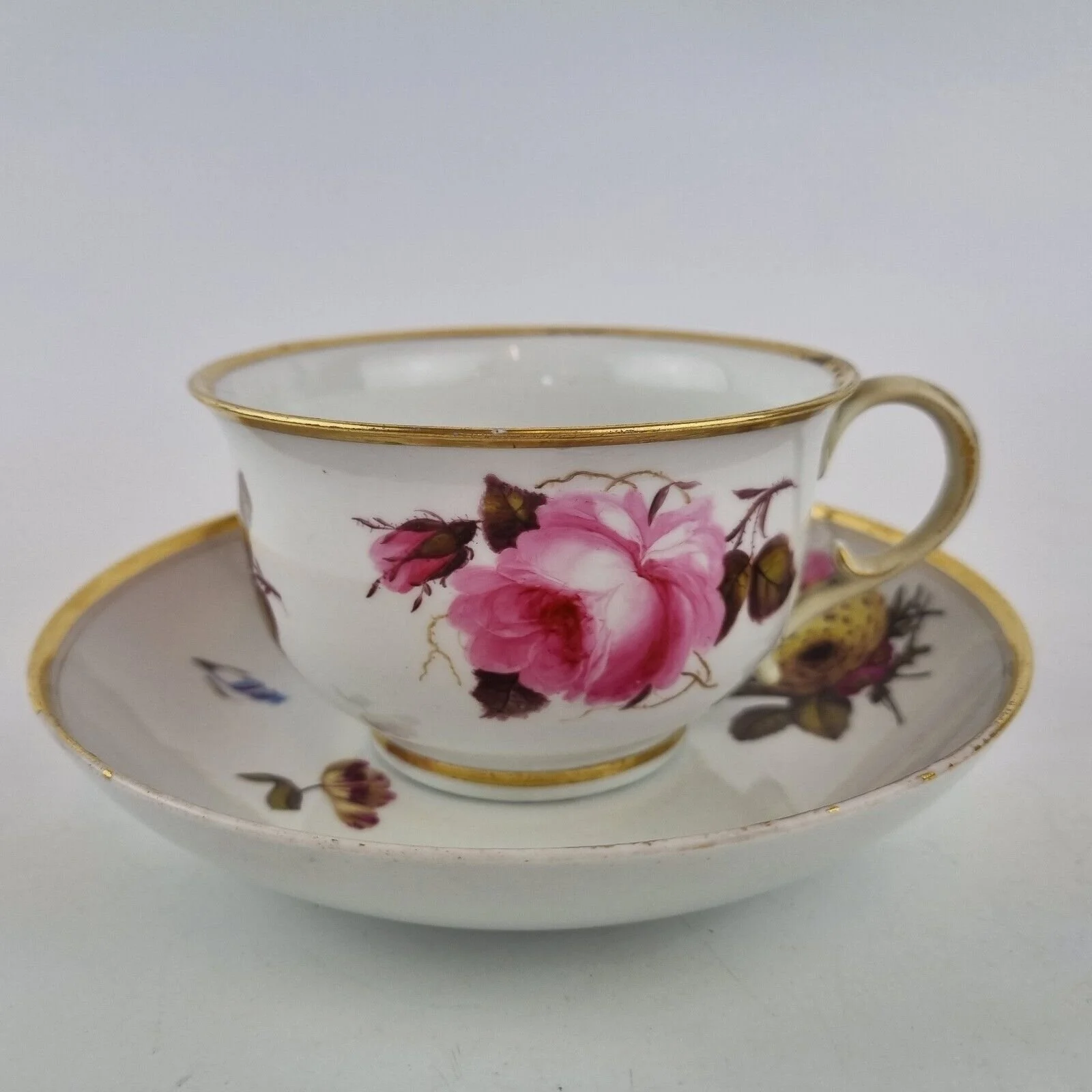 Antique 19th Century Worcester Flight Barr Barr Cup & Saucer Painted Flowers #5