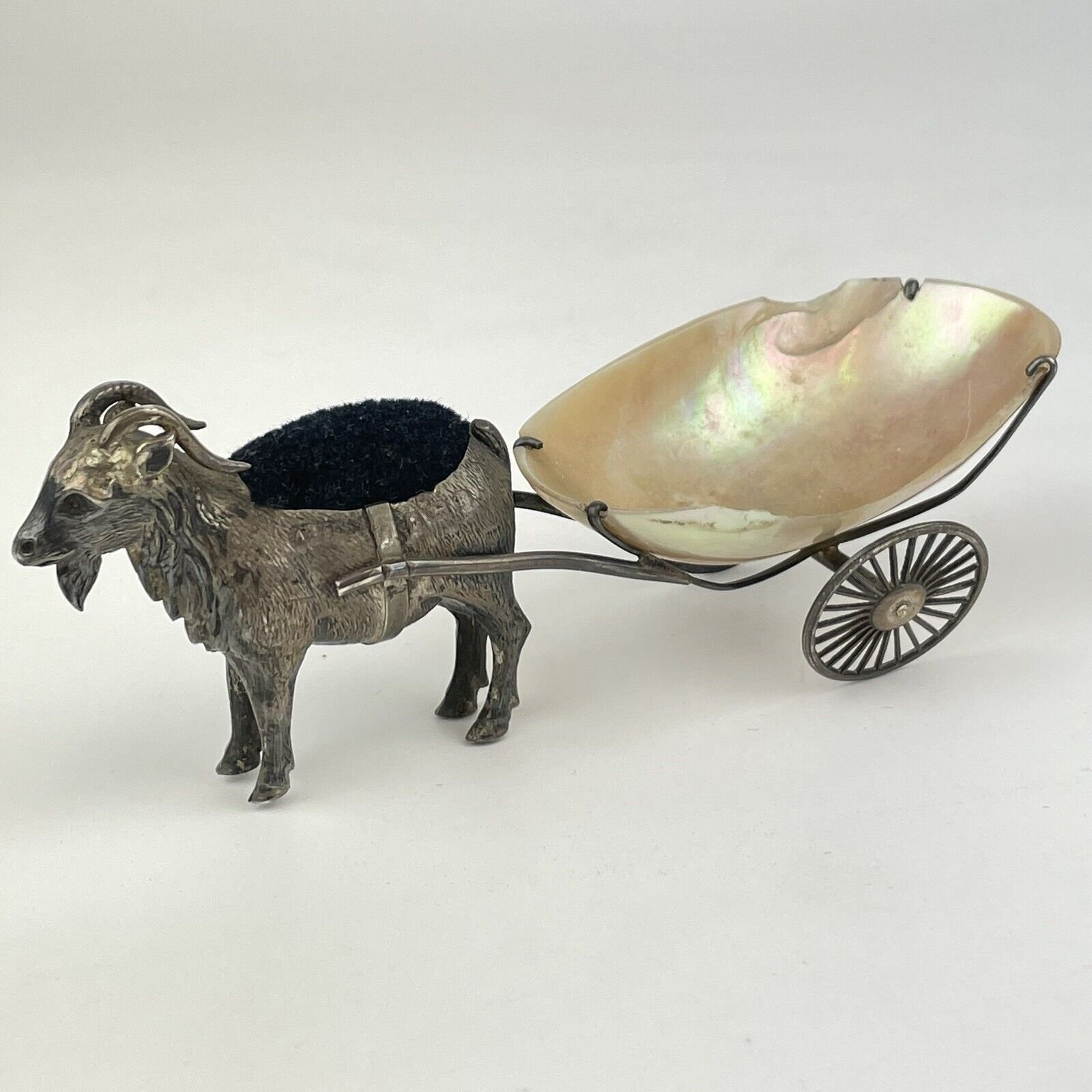 Antique Solid Silver & Mother Of Pearl Novelty Goat & Cart Pin Cushion 12cm