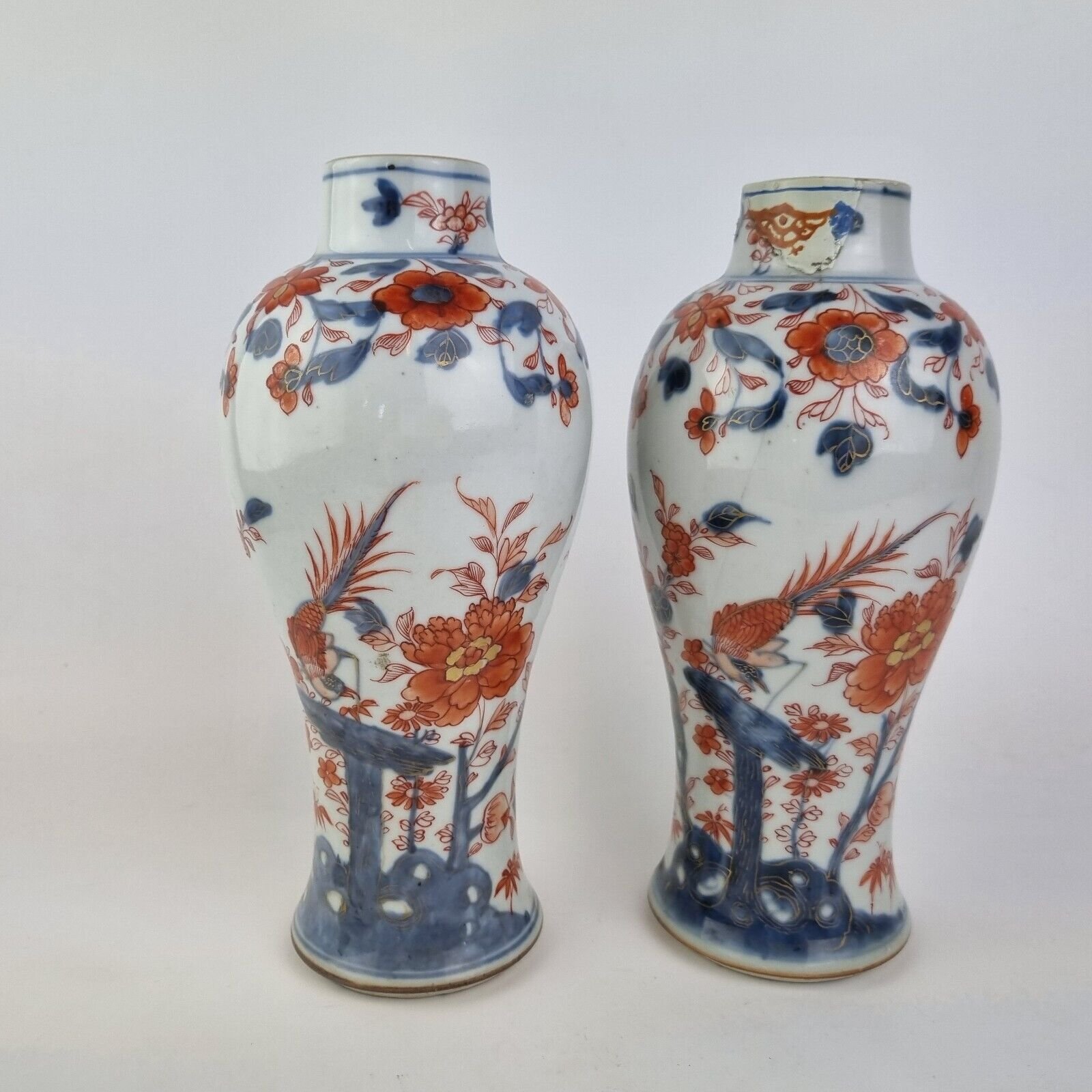 Antique 19thC Pair Chinese Imari Vases Decorated Flowers & Bird 23cm High