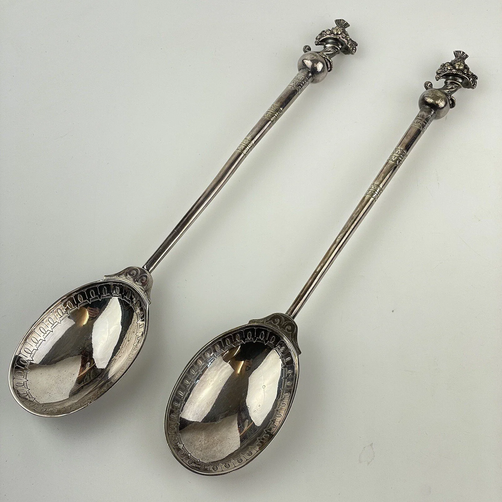 Antique Silver Plated Salad Serving Spoons 28cm Cornucopia Topped