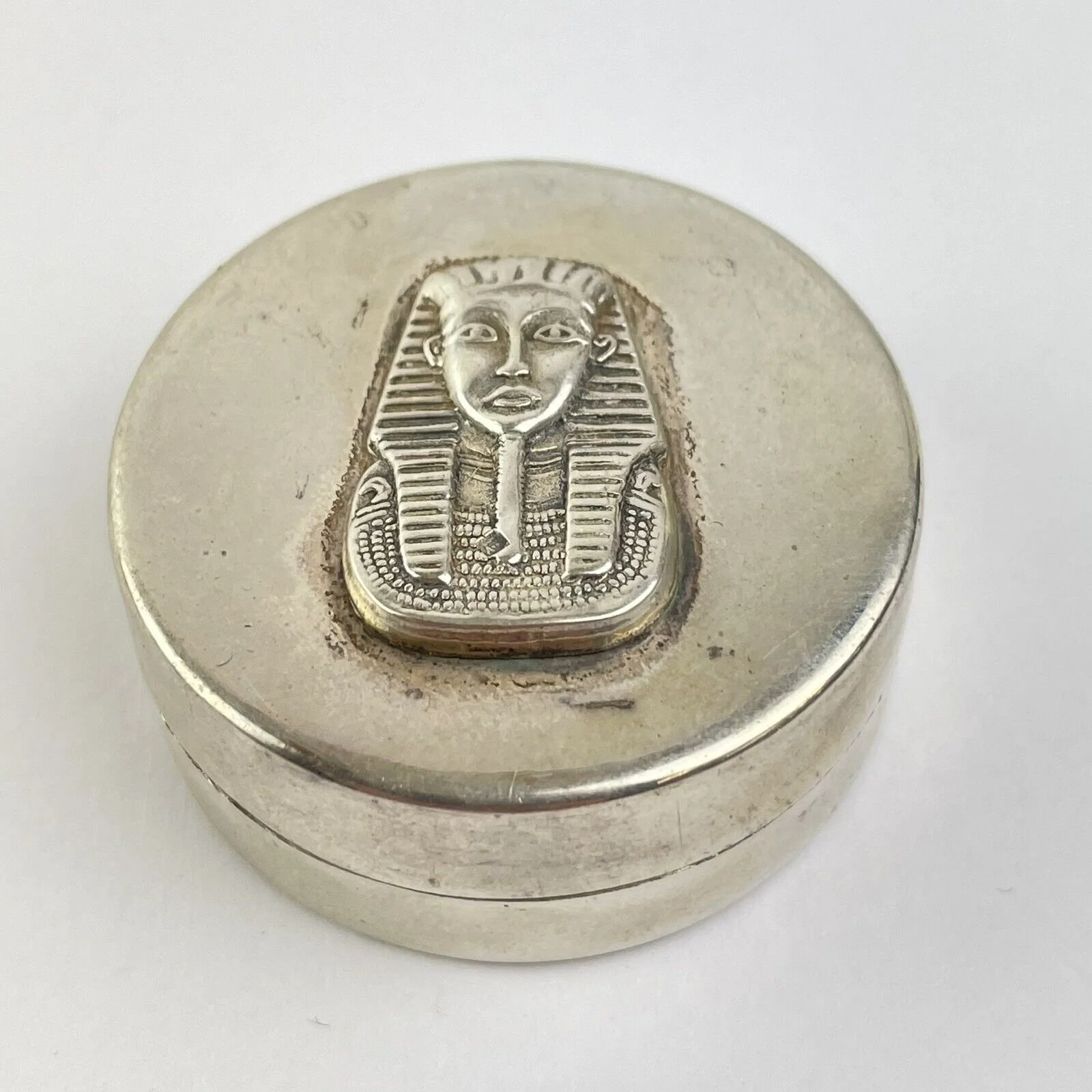 Vintage Egyptian Solid Silver Round Trinket Box Tutankhamun 4cm