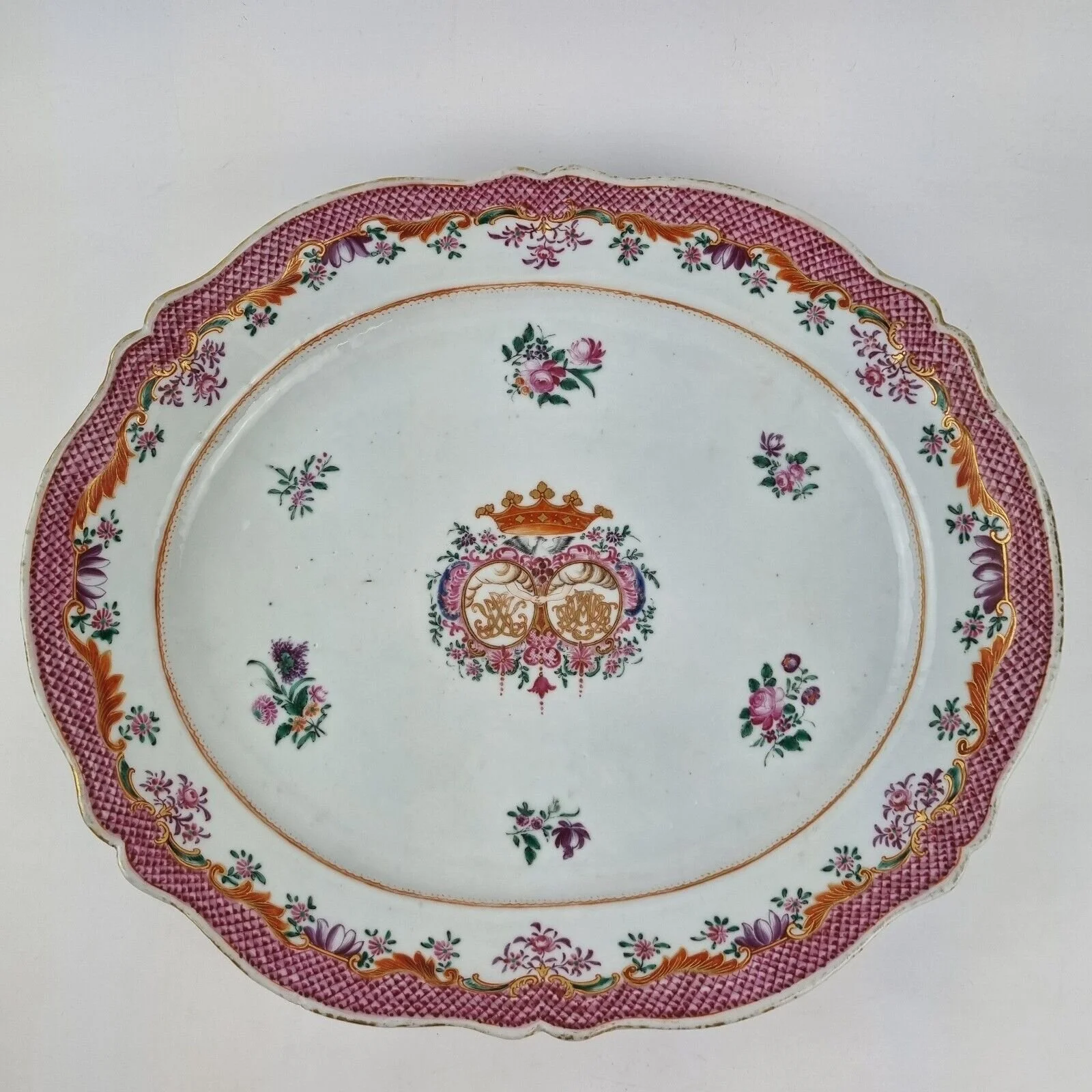 Antique 18th Century Chinese Famille Rose Platter With Armorial Crest 34cm #5