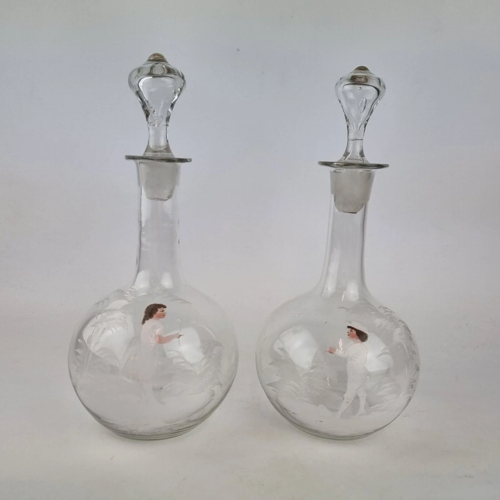 Antique Pair Clear Glass Mary Gregory Decanters Decorated With Boy & Girl 23cm