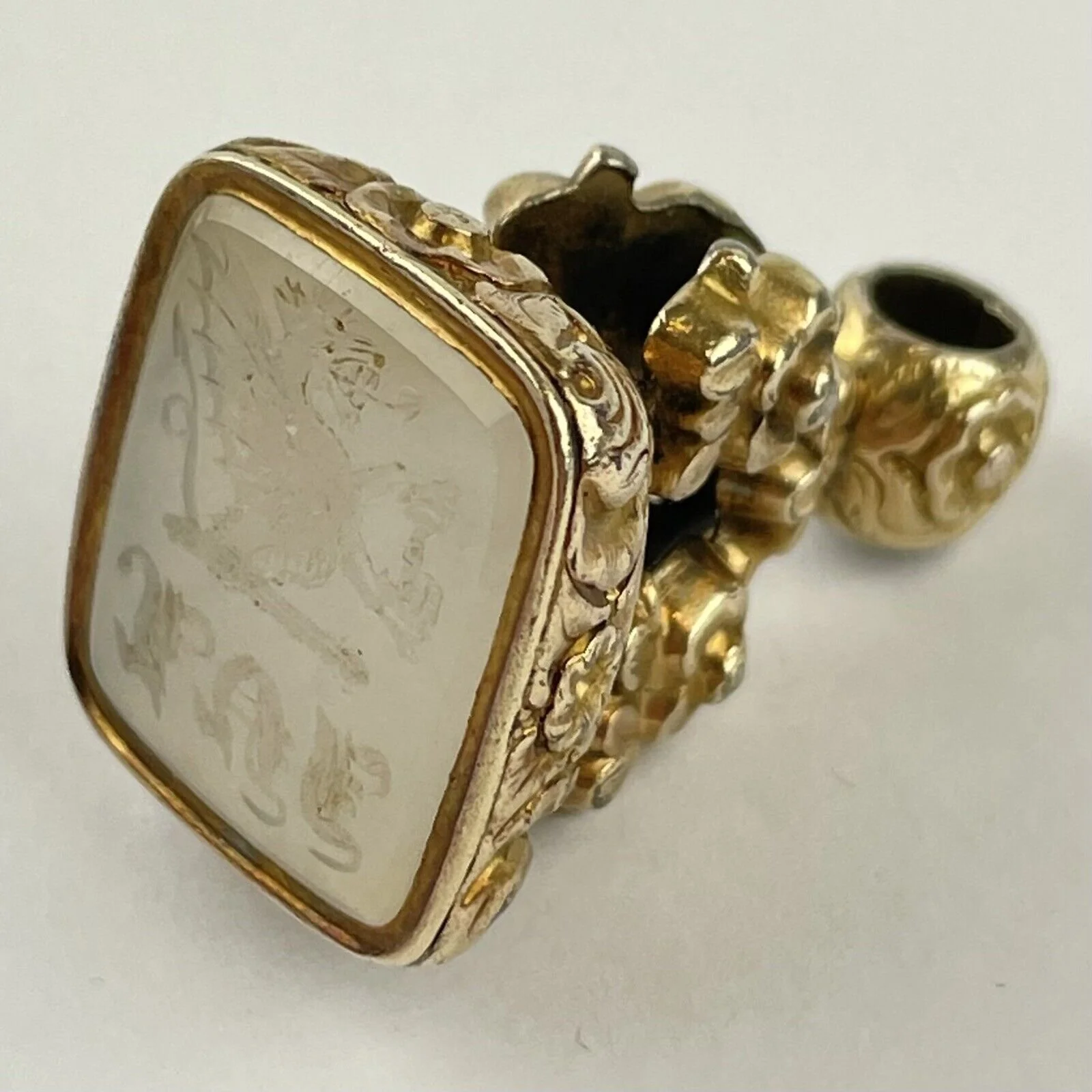 Antique 19th Century Yellow Metal Fob Seal Armorial Dragon Intaglio 3.6cm