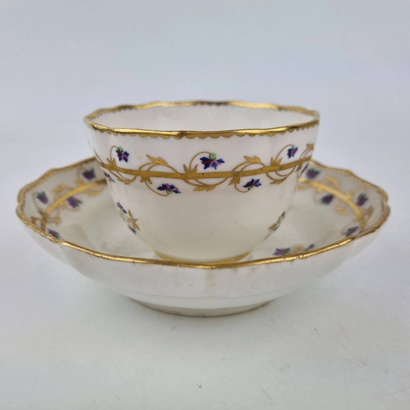 Antique 19thC Derby Tea Bowl And Saucer Decorated With Gilt & Flowers #1