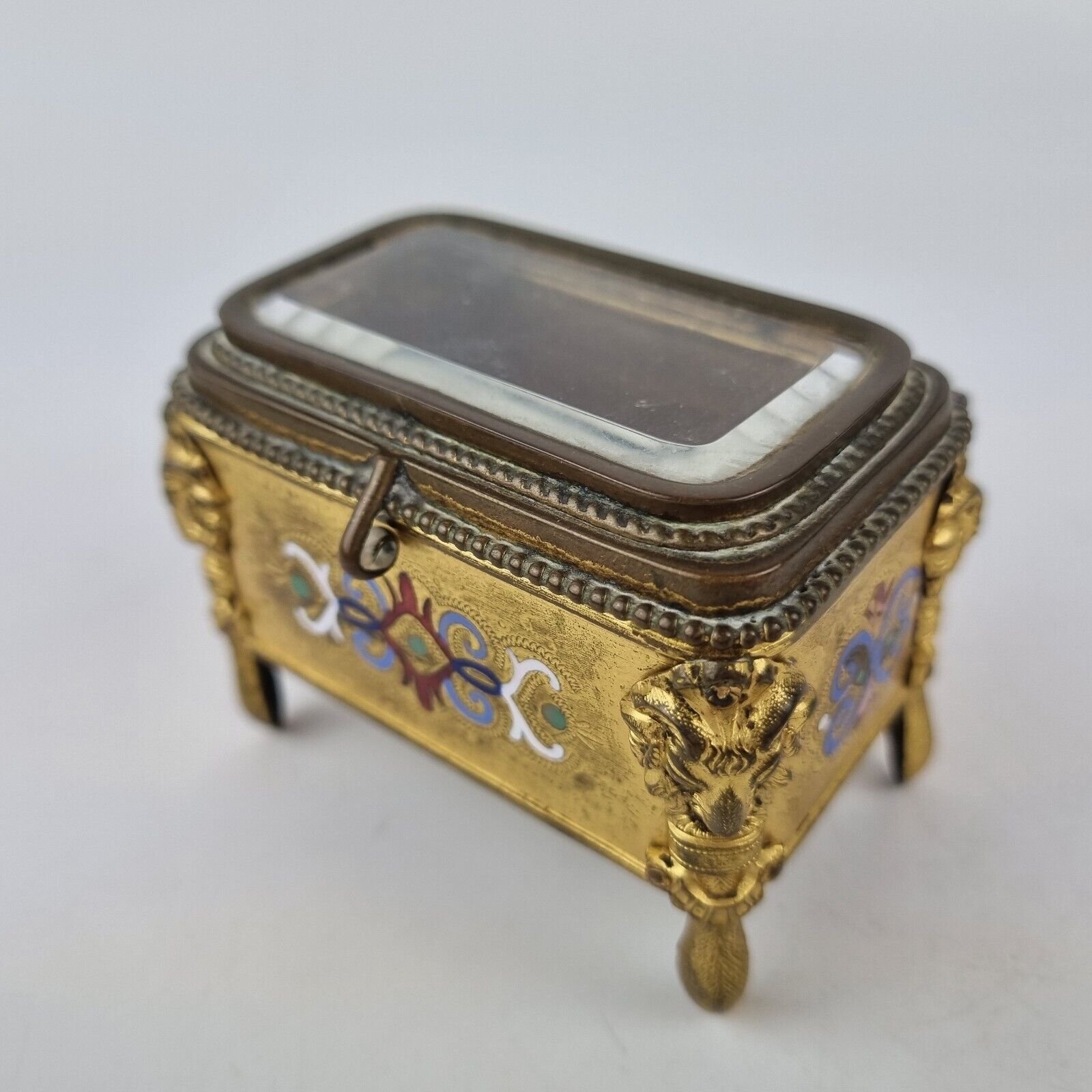 Antique 19th Century Ormolu & Glass Trinket Box Enamel Decoration