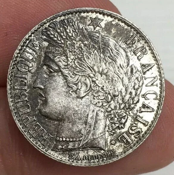 France French 1871 Silver 1 Franc Coin Good Lustre