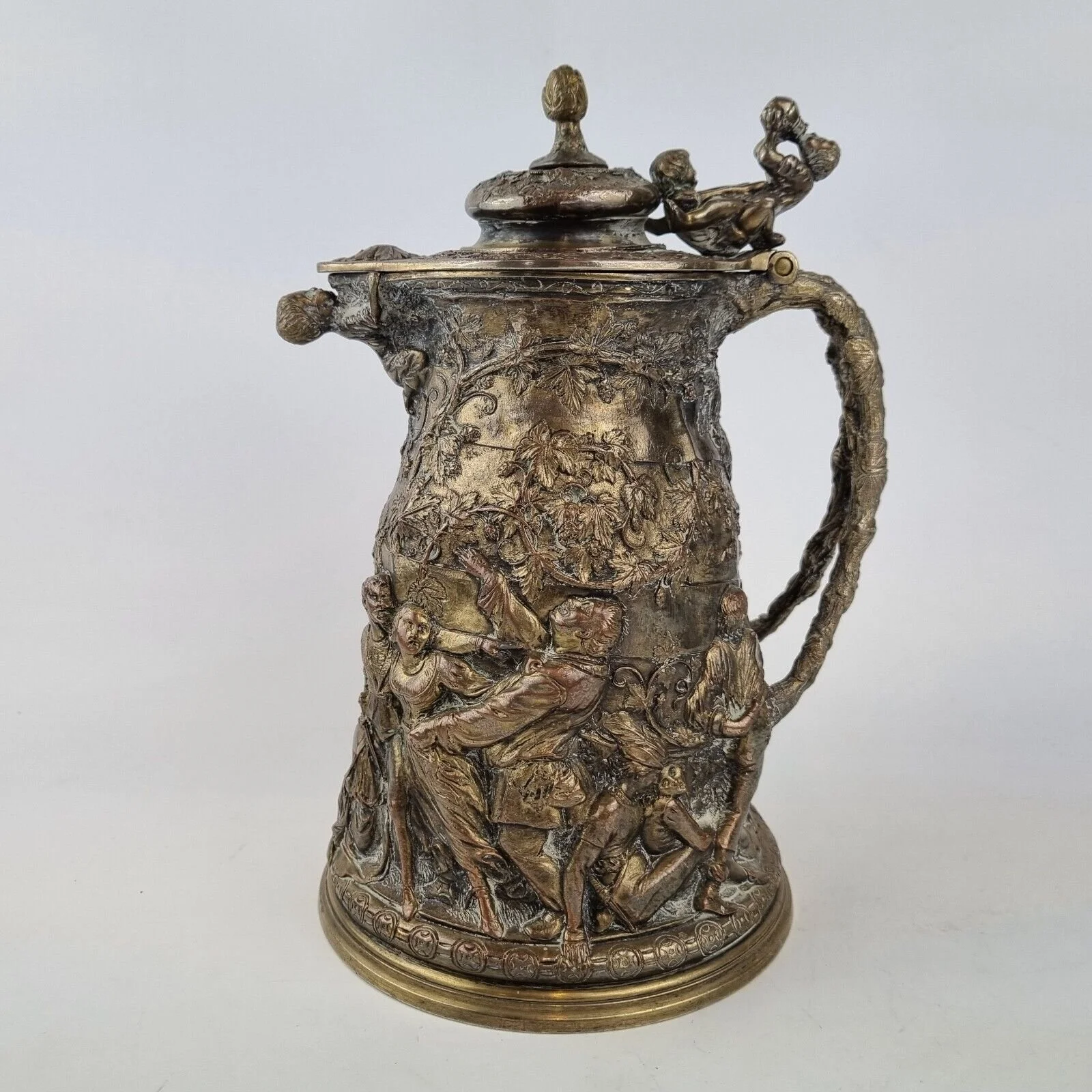 Antique 19th Century Elkington? Electroplated Wine Jug Tankard Relief Figural