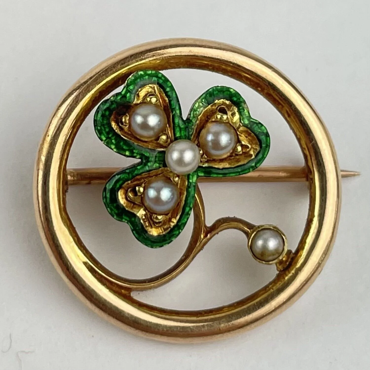 Antique 18ct Rose Gold Green Enamel & Seed Pearl Clover Brooch 1.9cm