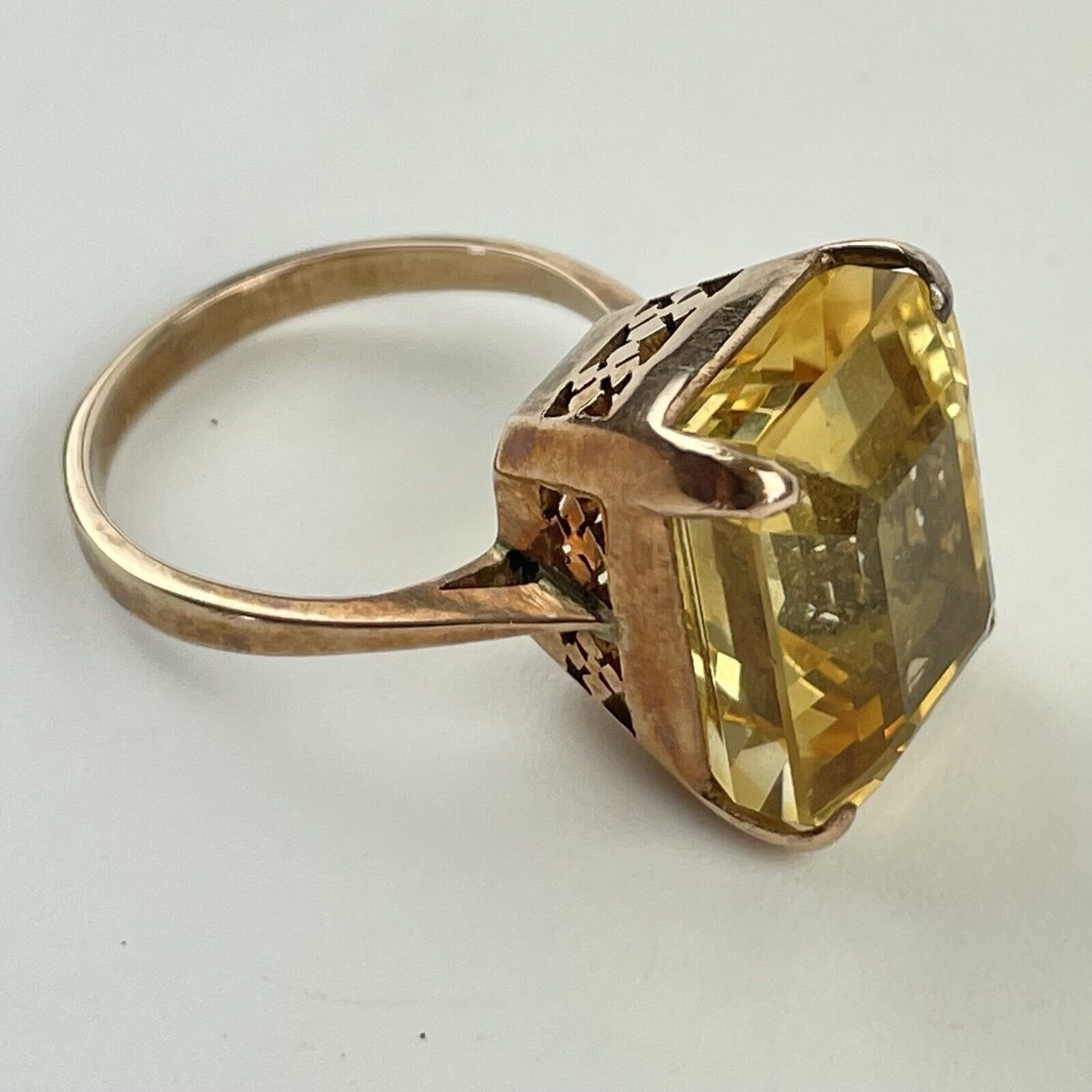 Vintage 9ct Rose Gold Tested 16mm Citrine Cocktail Dress Ring Size Q