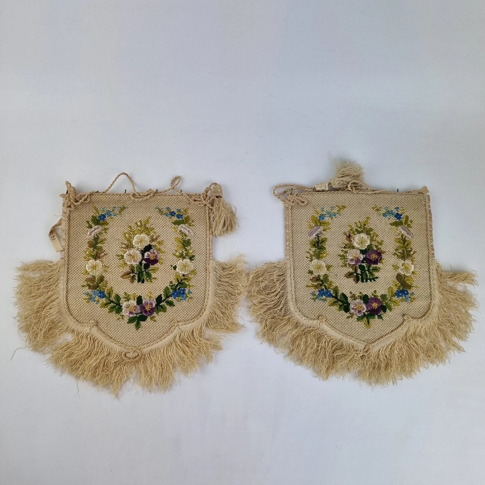 Antique Pair 19th Century Embroidered Pole Screen Banners Decorated With Flowers