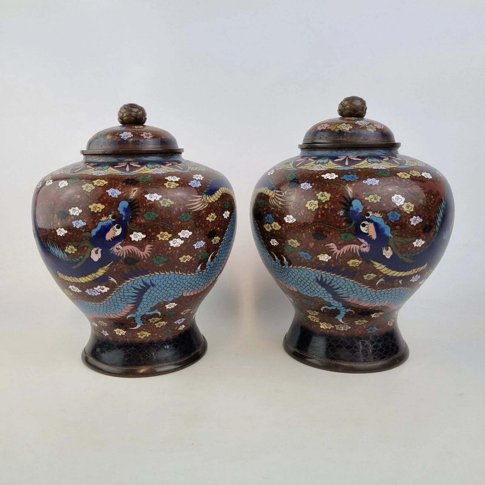 Antique Pair Japanese Cloisonne Enamel Jars & Covers Decorated With Dragons 23cm