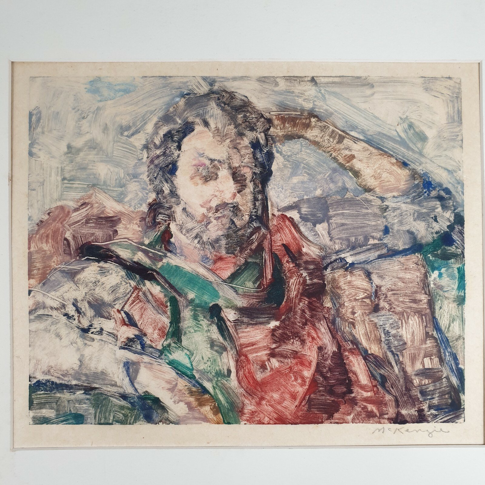 Signed Colour Print Impressionist Portrait Bearded Man Possibly By Hugh McKenzie