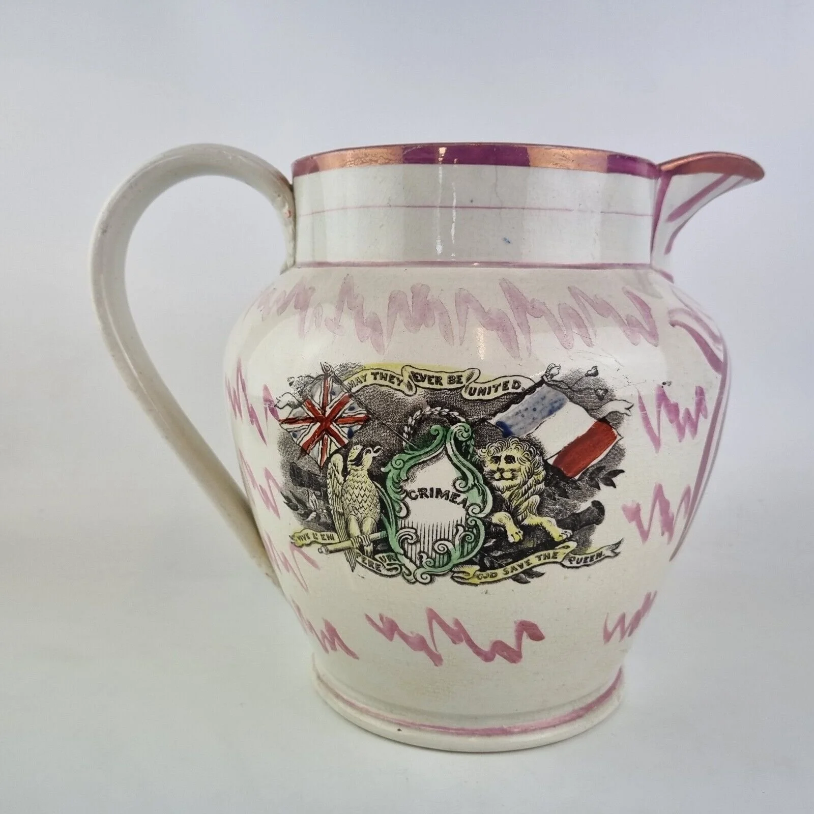 Large Antique 19thC Sunderland Pink Lustre Jug Crimea Panel & Bridge 24cm High