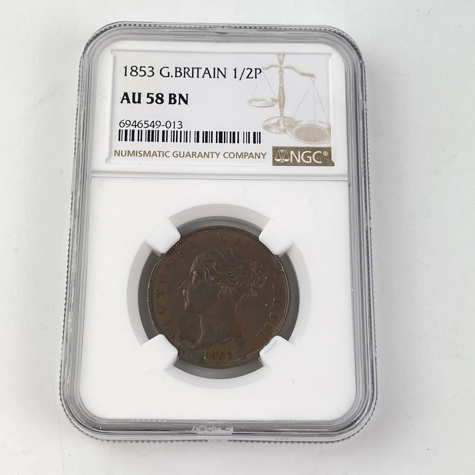 NGC Graded 1853 Great Britain 1/2P Half Penny Almost Uncirculated AU 58 BN Coin