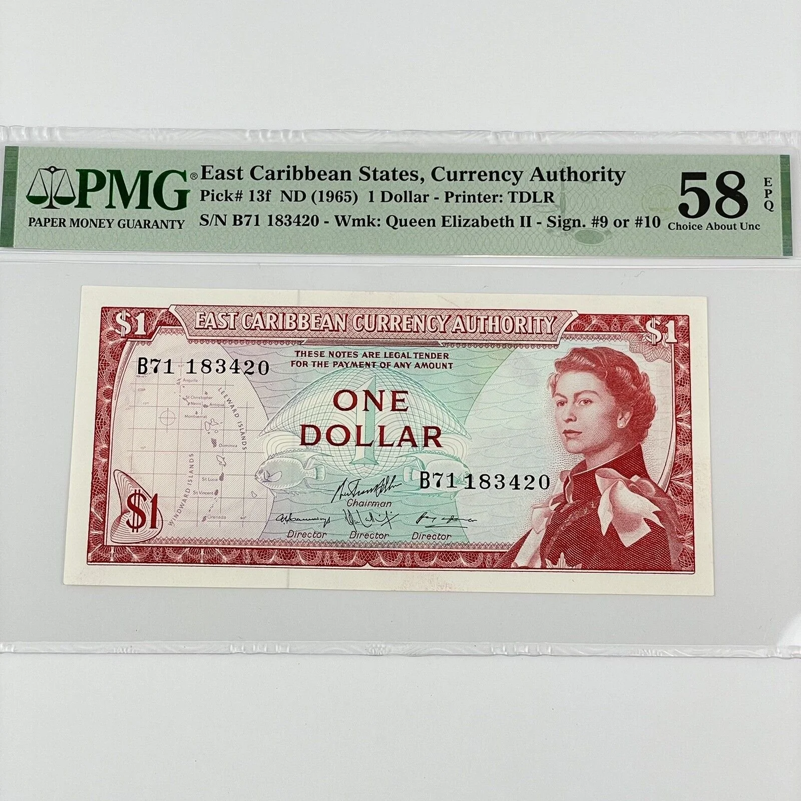 PMG Graded East Caribbean States 1965 $1 1 Dollar Note 58 EPQ Choice About Unc