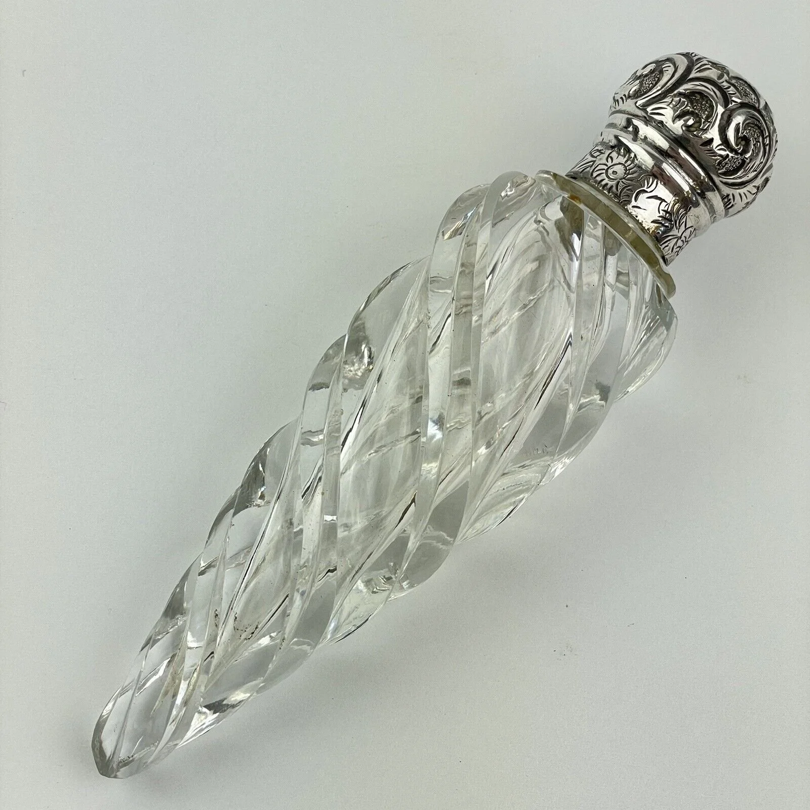 Antique Sampson Mordan Solid Silver Mounted Scent Bottle Spiral Twist Glass 12cm