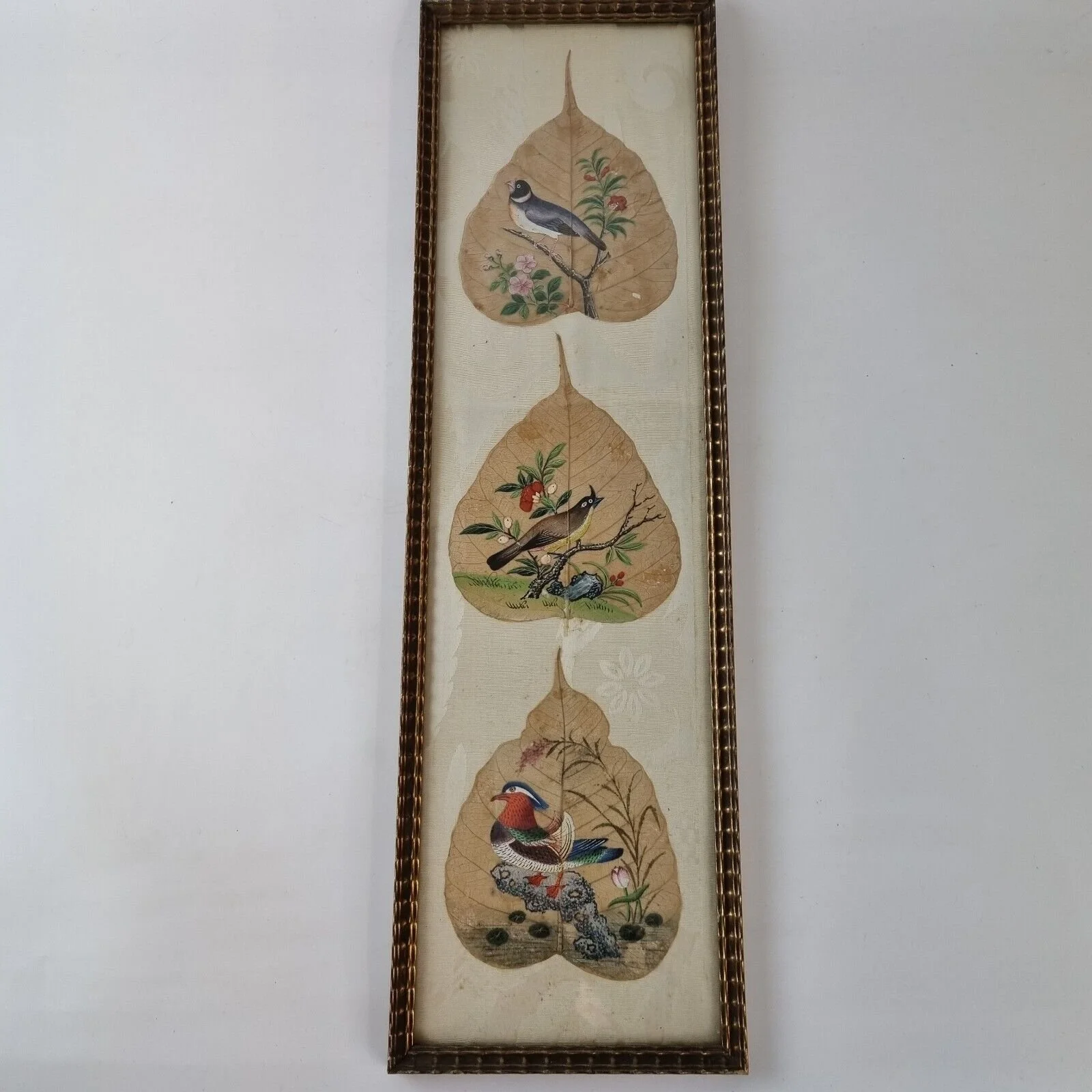 Early 20thC Chinese Set Of 3 Leaves Painted With Exotic Birds