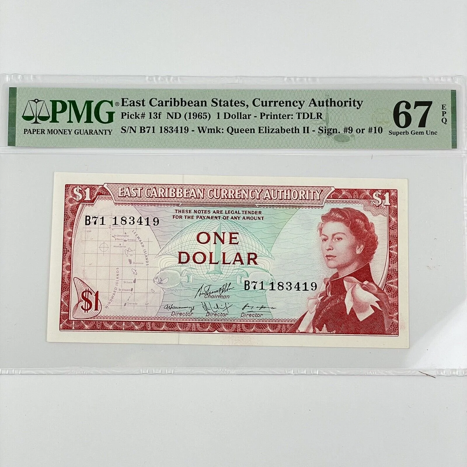 PMG Graded East Caribbean States 1965 $1 1 Dollar Note 67 EPQ Gem Uncirculated